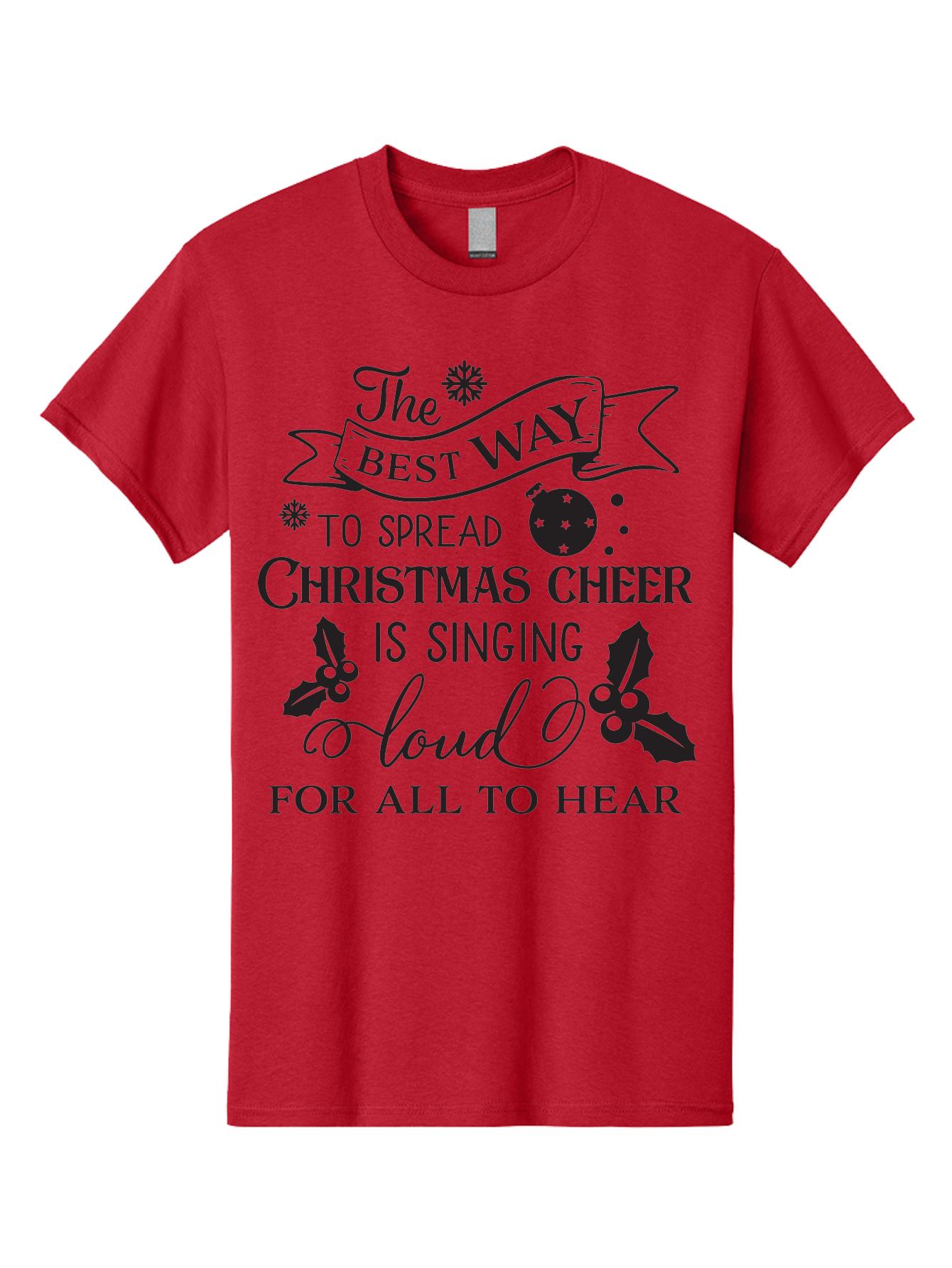Christmas-Cheer-Quote Men'S Graphic Tee, 100% Cotton, Comfortable Casual Summer Wear, Machine Washable, Christmas Quote, Holiday Cheer, Festive Decor, Black Typography, Christmas Ornament, Holly Leaves, Banner Design, Joyful Message, Aac579