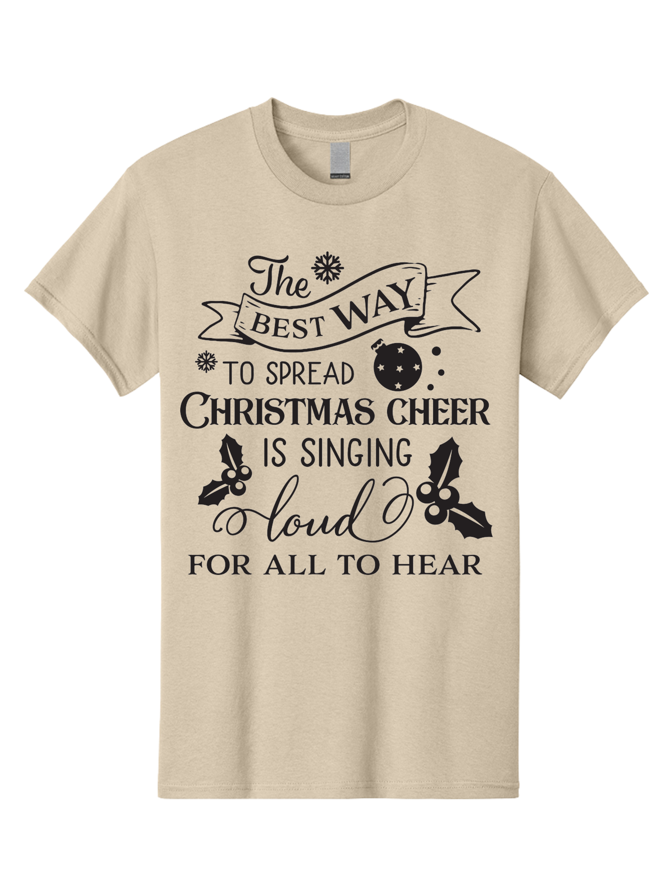 Christmas-Cheer-Quote Men'S Graphic Tee, 100% Cotton, Comfortable Casual Summer Wear, Machine Washable, Christmas Quote, Holiday Cheer, Festive Decor, Black Typography, Christmas Ornament, Holly Leaves, Banner Design, Joyful Message, Aac579