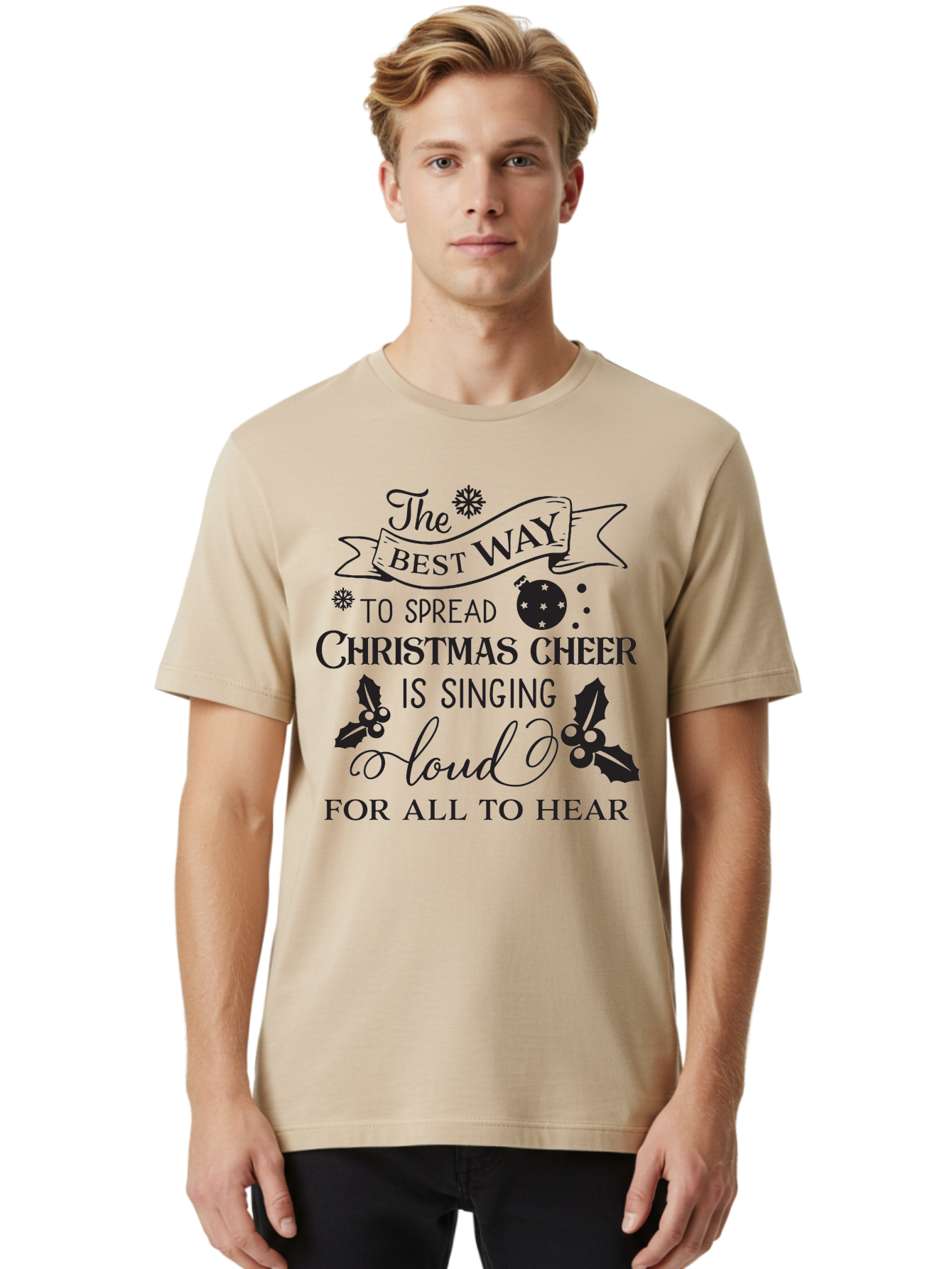 Christmas-Cheer-Quote Men'S Graphic Tee, 100% Cotton, Comfortable Casual Summer Wear, Machine Washable, Christmas Quote, Holiday Cheer, Festive Decor, Black Typography, Christmas Ornament, Holly Leaves, Banner Design, Joyful Message, Aac579