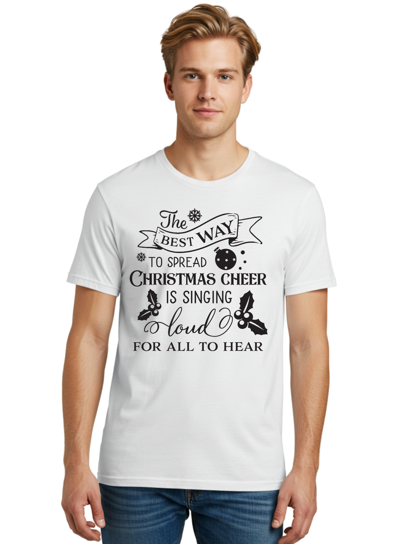 Christmas-Cheer-Quote Men'S Graphic Tee, 100% Cotton, Comfortable Casual Summer Wear, Machine Washable, Christmas Quote, Holiday Cheer, Festive Decor, Black Typography, Christmas Ornament, Holly Leaves, Banner Design, Joyful Message, Aac579