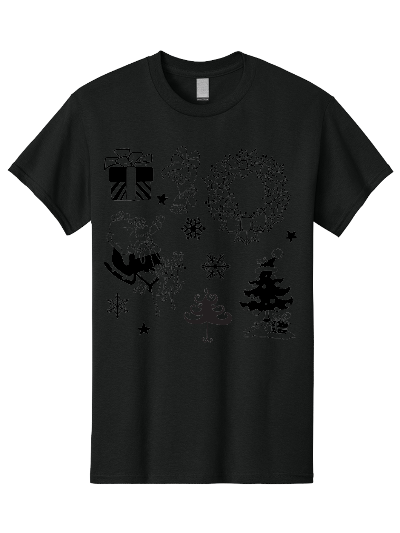 Christmas-Elements Men'S Graphic Tee, 100% Cotton, Comfortable Casual Summer Wear, Machine Washable, Santa Claus, Reindeer, Christmas Tree, Wreath, Gifts, Bows, Snowflakes, Stars, Festive Decorations, Holiday Graphics, Christmas Illustrations, Aac580