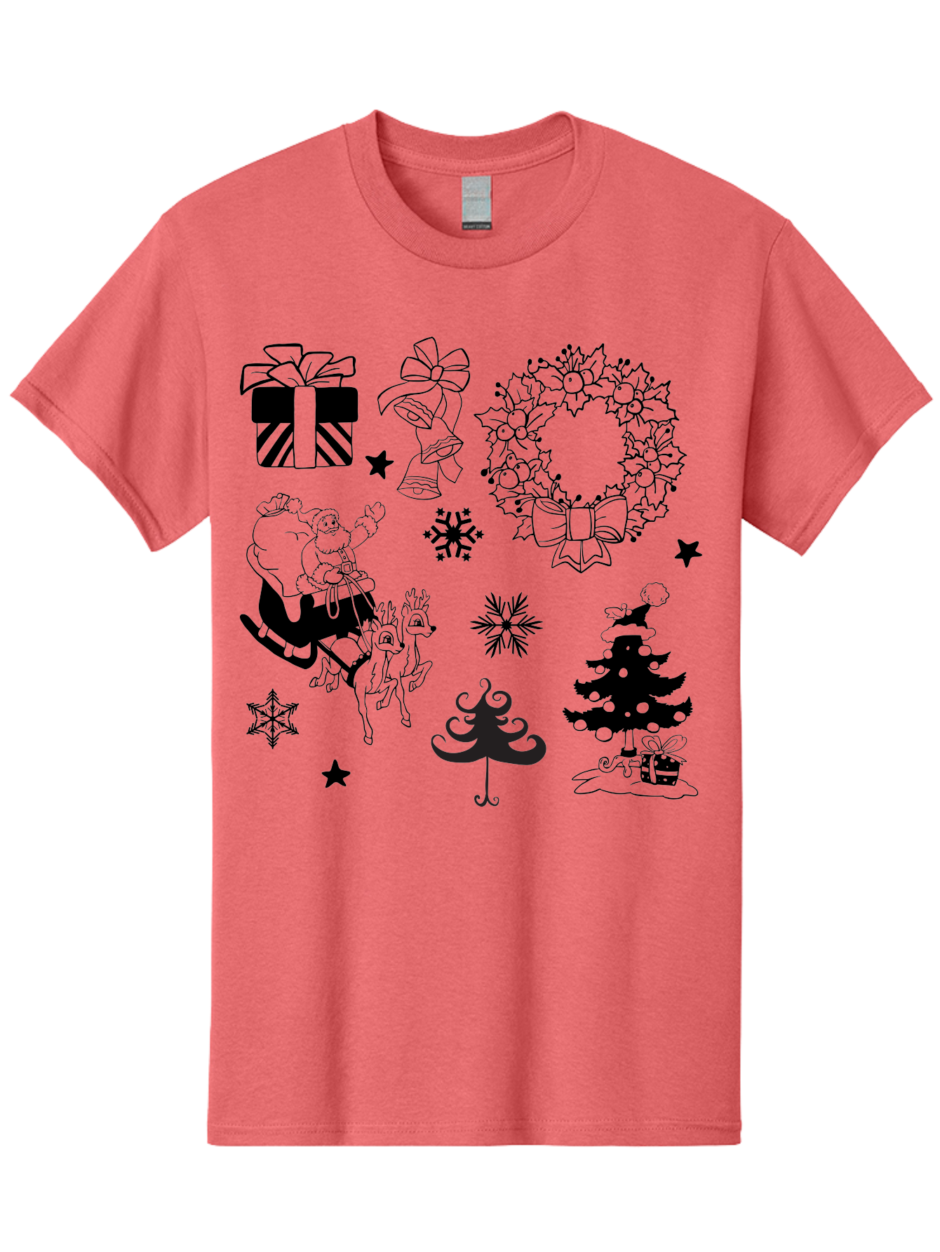 Christmas-Elements Men'S Graphic Tee, 100% Cotton, Comfortable Casual Summer Wear, Machine Washable, Santa Claus, Reindeer, Christmas Tree, Wreath, Gifts, Bows, Snowflakes, Stars, Festive Decorations, Holiday Graphics, Christmas Illustrations, Aac580