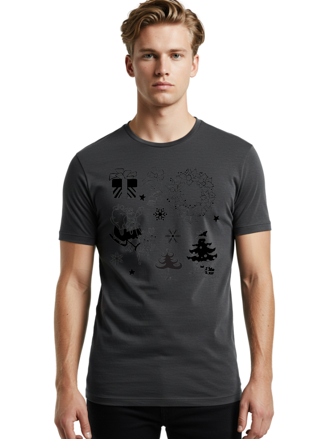 Christmas-Elements Men'S Graphic Tee, 100% Cotton, Comfortable Casual Summer Wear, Machine Washable, Santa Claus, Reindeer, Christmas Tree, Wreath, Gifts, Bows, Snowflakes, Stars, Festive Decorations, Holiday Graphics, Christmas Illustrations, Aac580