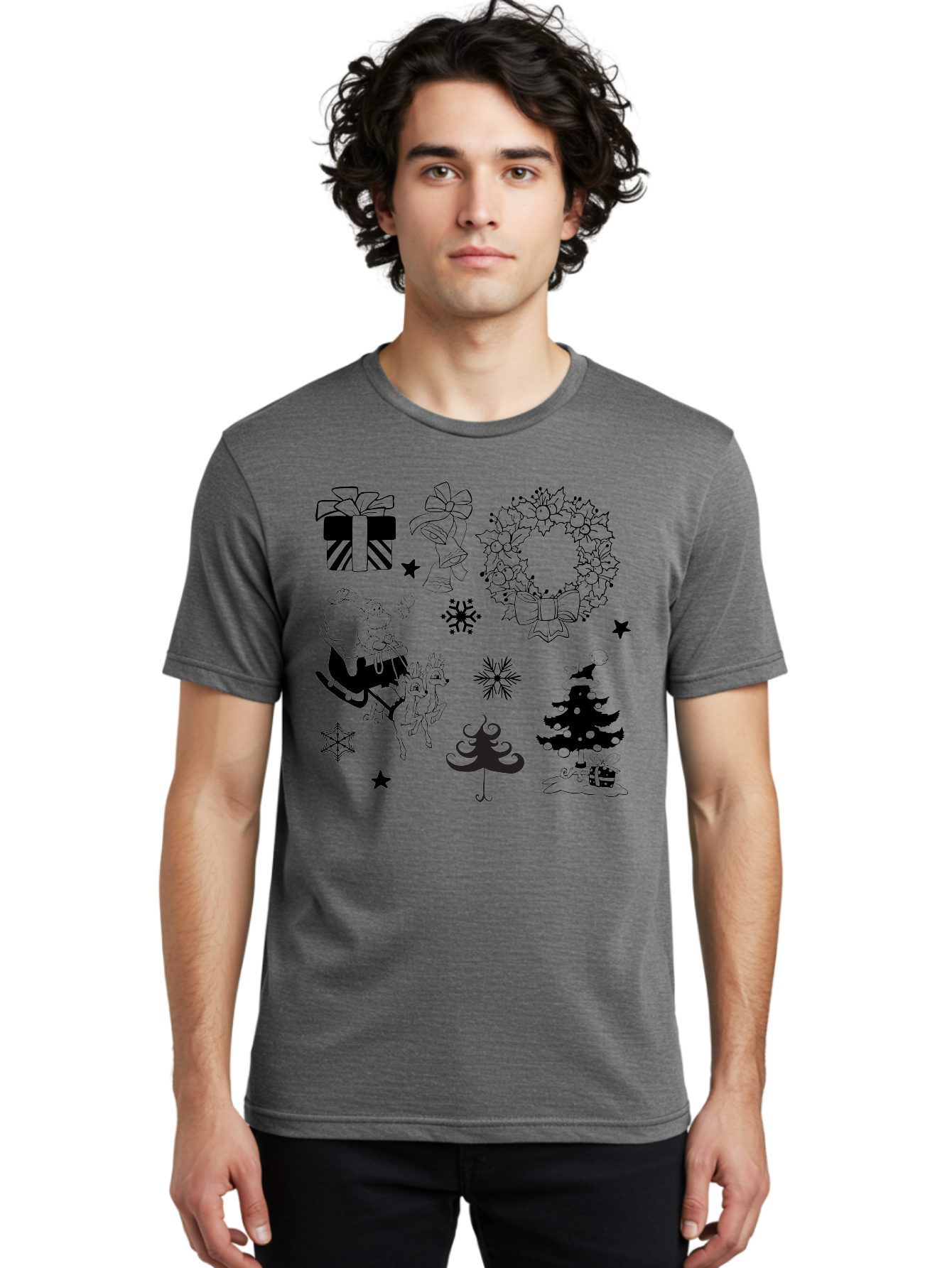 Christmas-Elements Men'S Graphic Tee, 100% Cotton, Comfortable Casual Summer Wear, Machine Washable, Santa Claus, Reindeer, Christmas Tree, Wreath, Gifts, Bows, Snowflakes, Stars, Festive Decorations, Holiday Graphics, Christmas Illustrations, Aac580