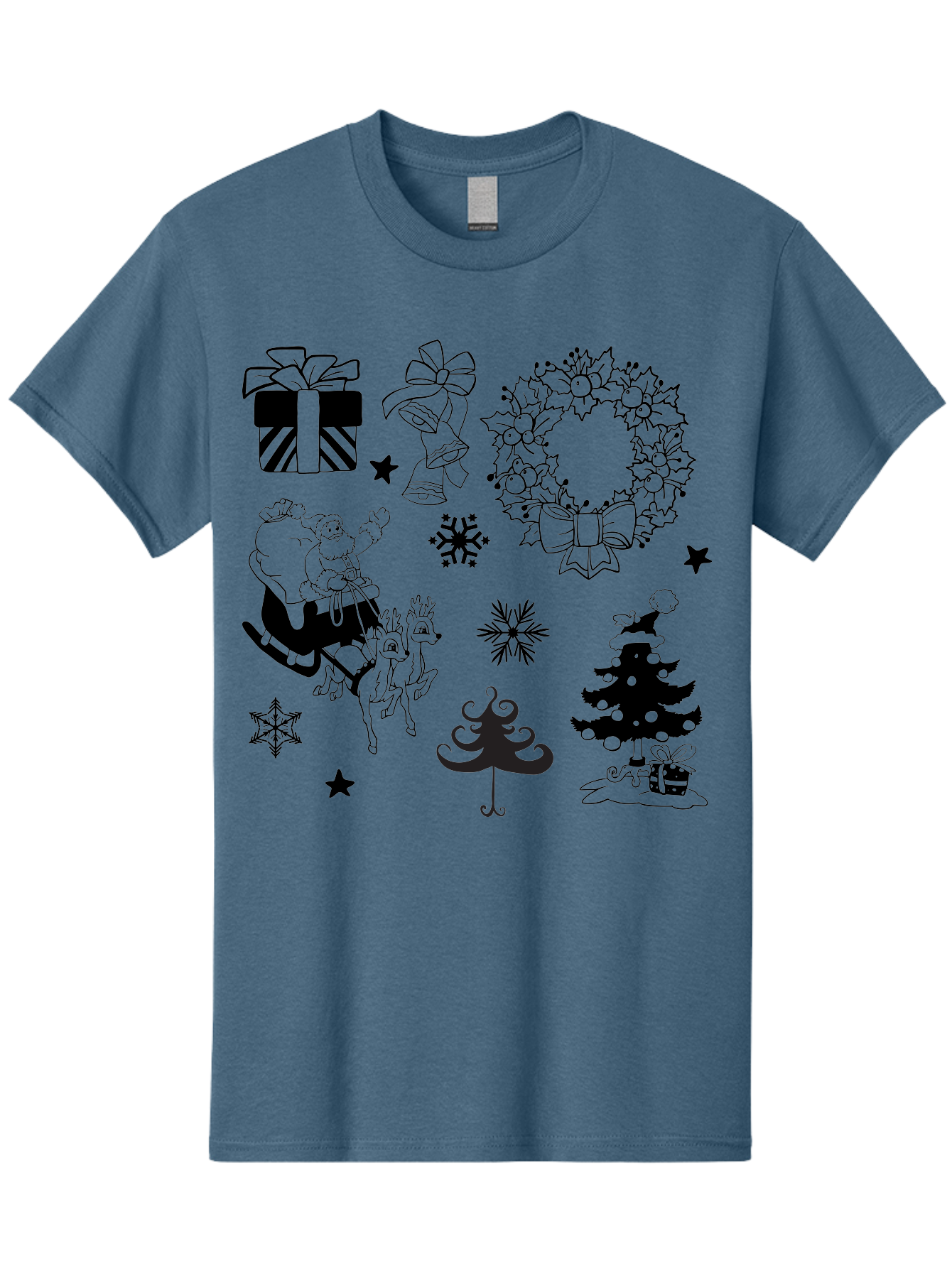 Christmas-Elements Men'S Graphic Tee, 100% Cotton, Comfortable Casual Summer Wear, Machine Washable, Santa Claus, Reindeer, Christmas Tree, Wreath, Gifts, Bows, Snowflakes, Stars, Festive Decorations, Holiday Graphics, Christmas Illustrations, Aac580