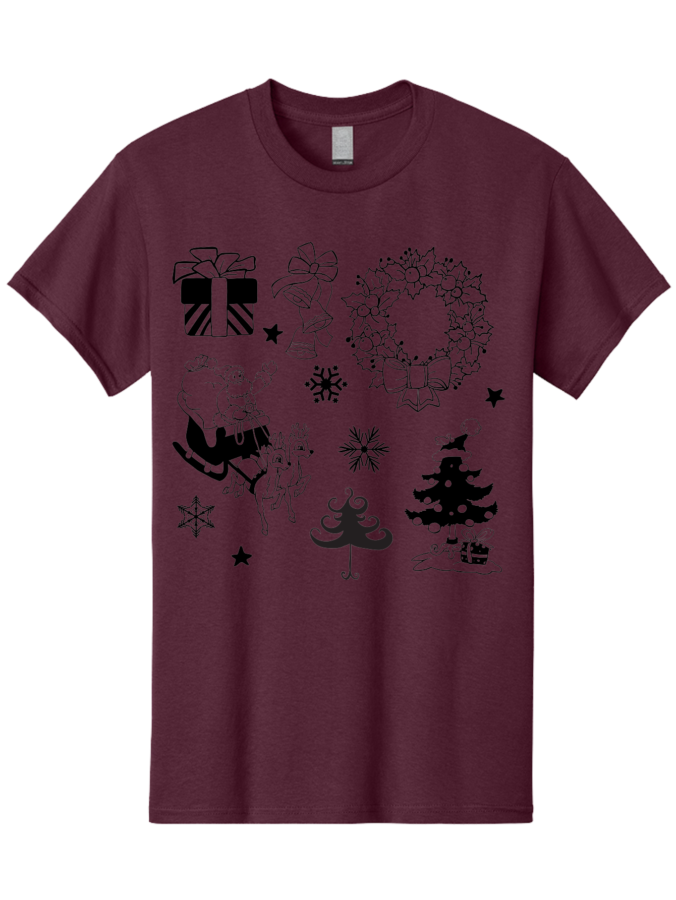 Christmas-Elements Men'S Graphic Tee, 100% Cotton, Comfortable Casual Summer Wear, Machine Washable, Santa Claus, Reindeer, Christmas Tree, Wreath, Gifts, Bows, Snowflakes, Stars, Festive Decorations, Holiday Graphics, Christmas Illustrations, Aac580