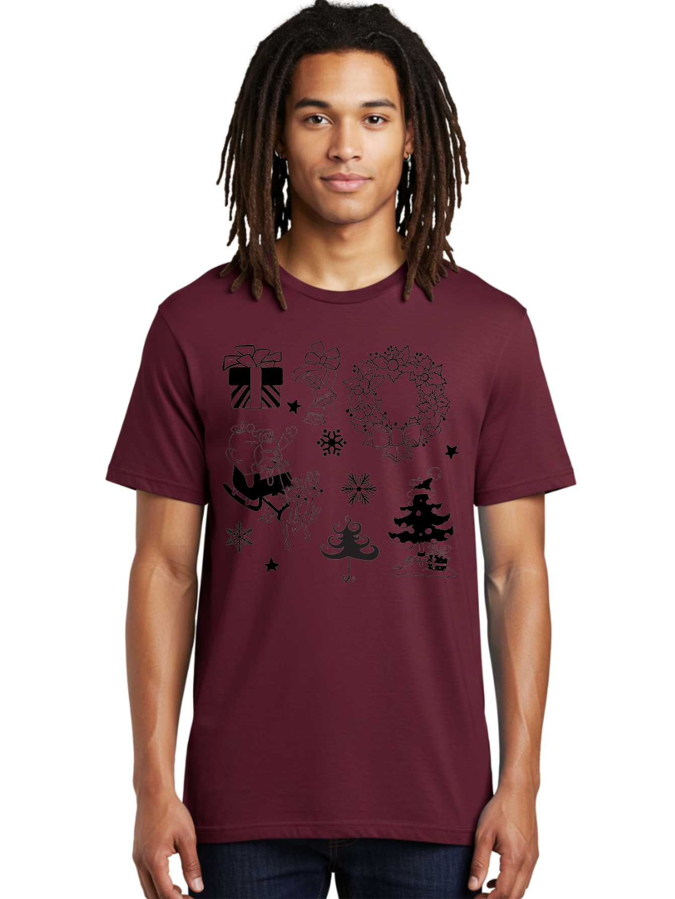 Christmas-Elements Men'S Graphic Tee, 100% Cotton, Comfortable Casual Summer Wear, Machine Washable, Santa Claus, Reindeer, Christmas Tree, Wreath, Gifts, Bows, Snowflakes, Stars, Festive Decorations, Holiday Graphics, Christmas Illustrations, Aac580