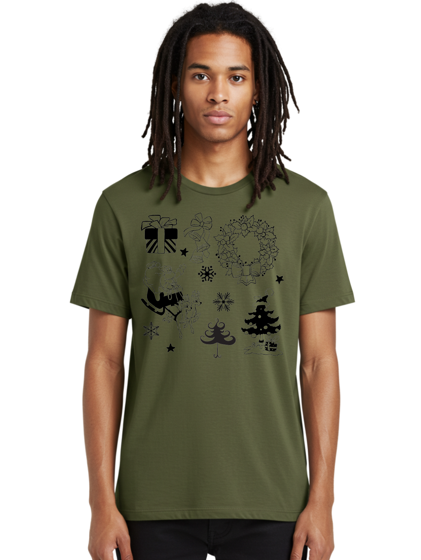 Christmas-Elements Men'S Graphic Tee, 100% Cotton, Comfortable Casual Summer Wear, Machine Washable, Santa Claus, Reindeer, Christmas Tree, Wreath, Gifts, Bows, Snowflakes, Stars, Festive Decorations, Holiday Graphics, Christmas Illustrations, Aac580