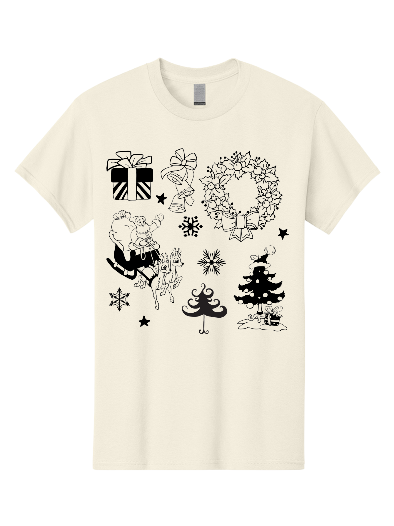Christmas-Elements Men'S Graphic Tee, 100% Cotton, Comfortable Casual Summer Wear, Machine Washable, Santa Claus, Reindeer, Christmas Tree, Wreath, Gifts, Bows, Snowflakes, Stars, Festive Decorations, Holiday Graphics, Christmas Illustrations, Aac580