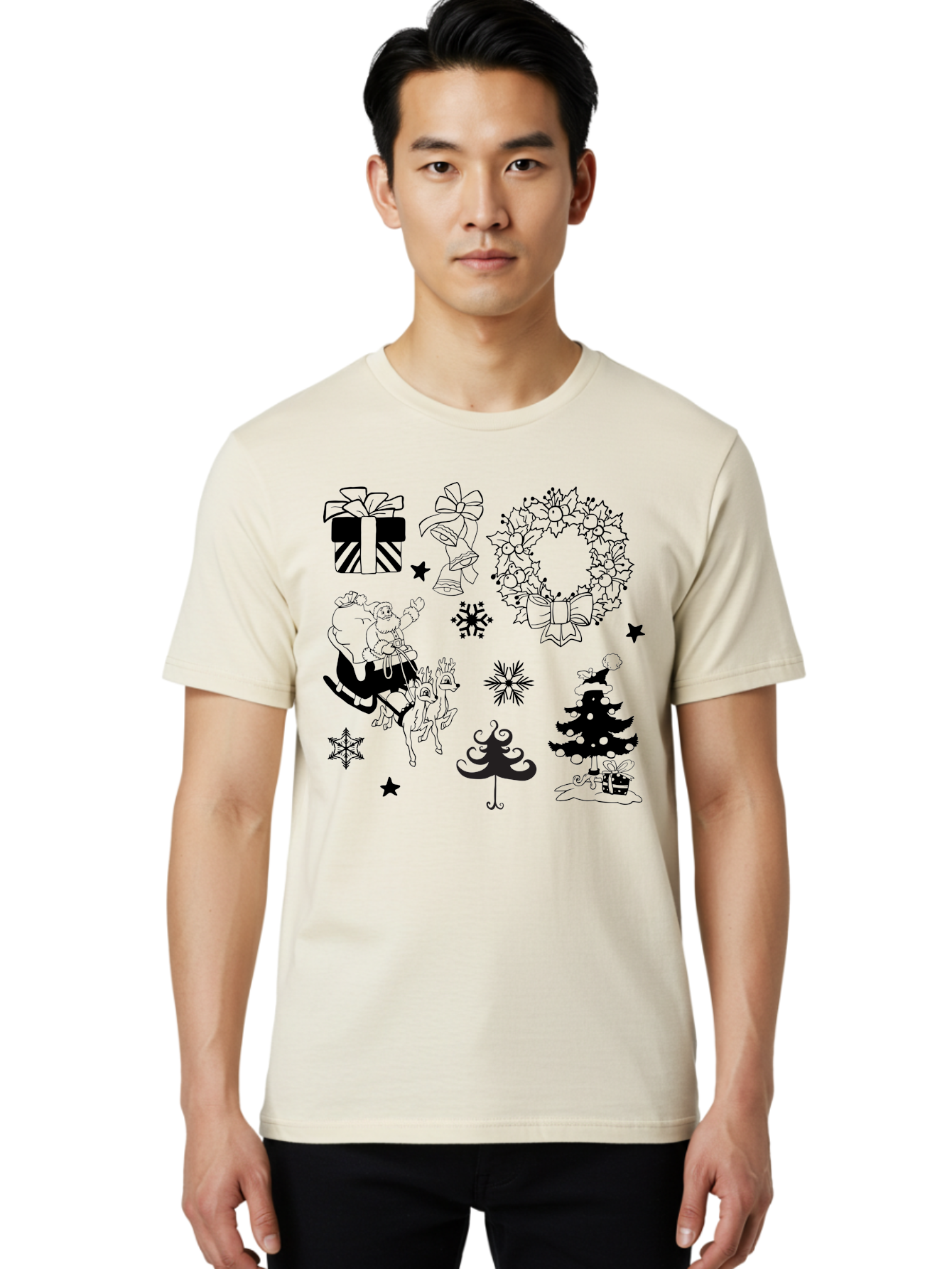 Christmas-Elements Men'S Graphic Tee, 100% Cotton, Comfortable Casual Summer Wear, Machine Washable, Santa Claus, Reindeer, Christmas Tree, Wreath, Gifts, Bows, Snowflakes, Stars, Festive Decorations, Holiday Graphics, Christmas Illustrations, Aac580