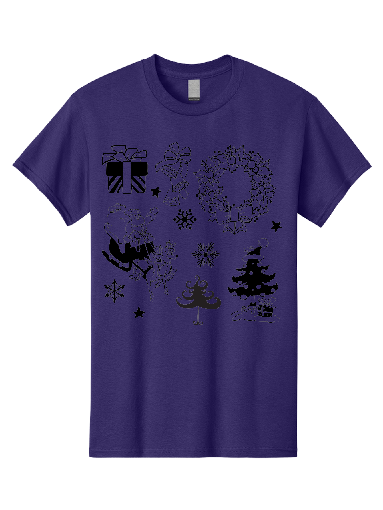 Christmas-Elements Men'S Graphic Tee, 100% Cotton, Comfortable Casual Summer Wear, Machine Washable, Santa Claus, Reindeer, Christmas Tree, Wreath, Gifts, Bows, Snowflakes, Stars, Festive Decorations, Holiday Graphics, Christmas Illustrations, Aac580