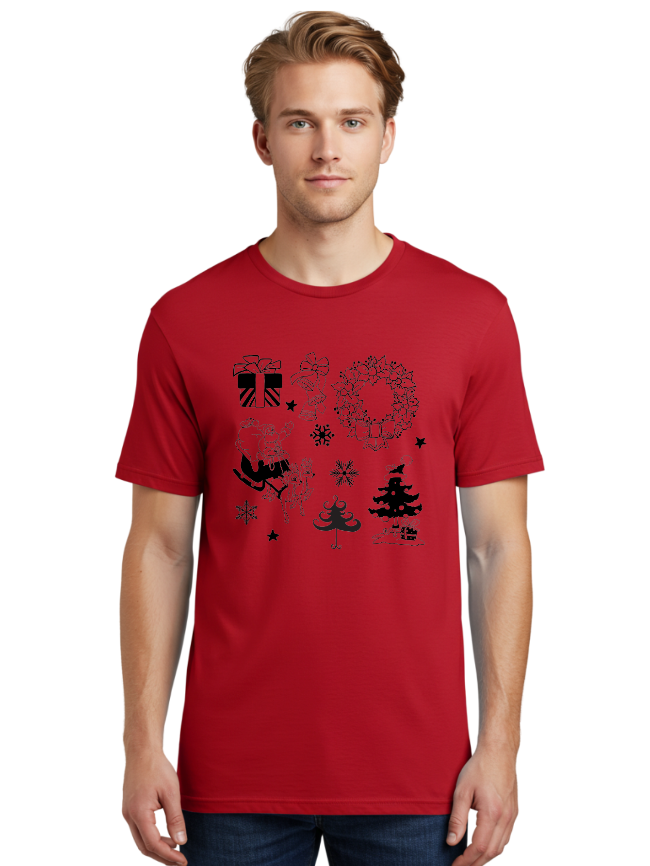 Christmas-Elements Men'S Graphic Tee, 100% Cotton, Comfortable Casual Summer Wear, Machine Washable, Santa Claus, Reindeer, Christmas Tree, Wreath, Gifts, Bows, Snowflakes, Stars, Festive Decorations, Holiday Graphics, Christmas Illustrations, Aac580