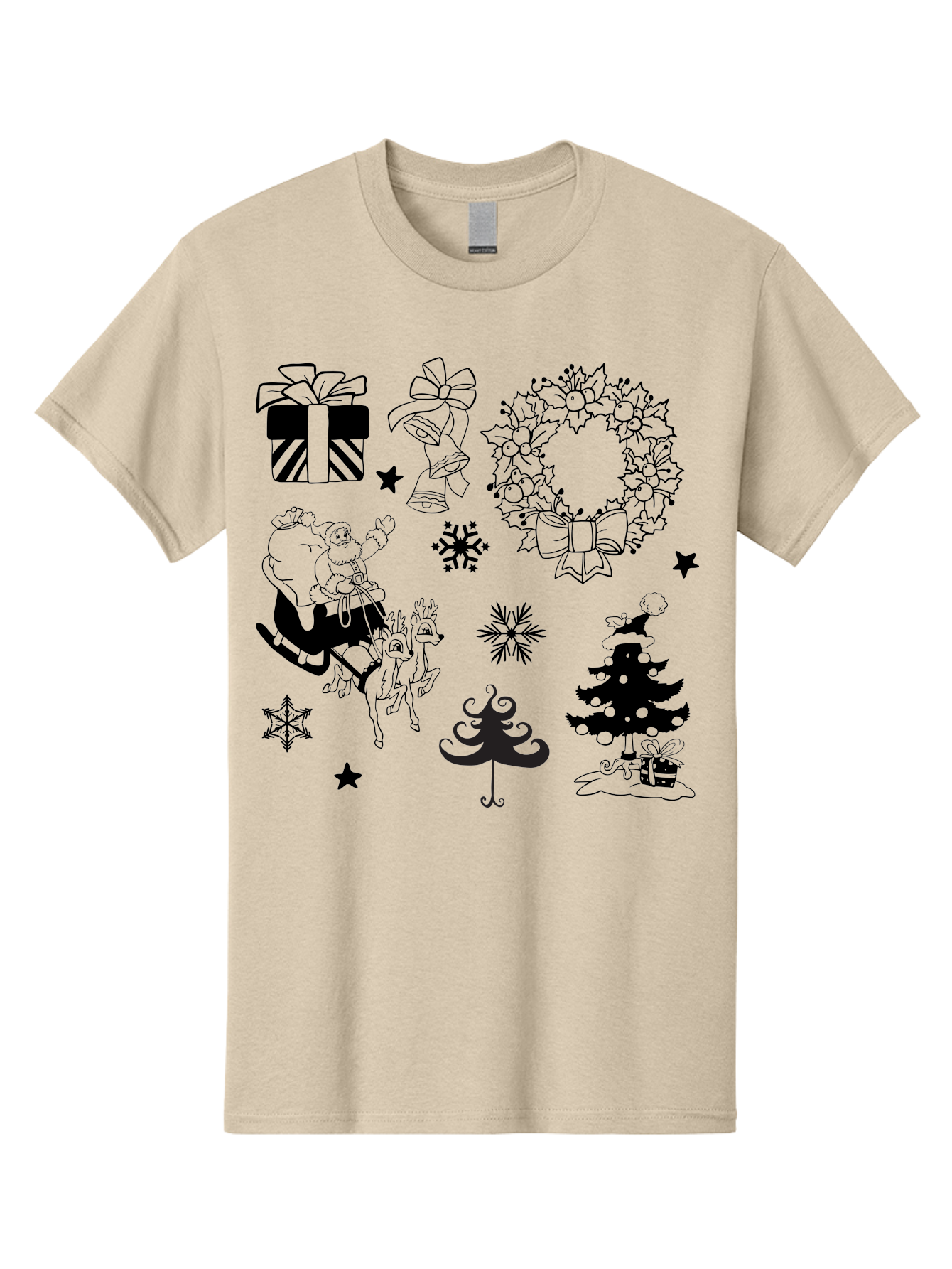 Christmas-Elements Men'S Graphic Tee, 100% Cotton, Comfortable Casual Summer Wear, Machine Washable, Santa Claus, Reindeer, Christmas Tree, Wreath, Gifts, Bows, Snowflakes, Stars, Festive Decorations, Holiday Graphics, Christmas Illustrations, Aac580
