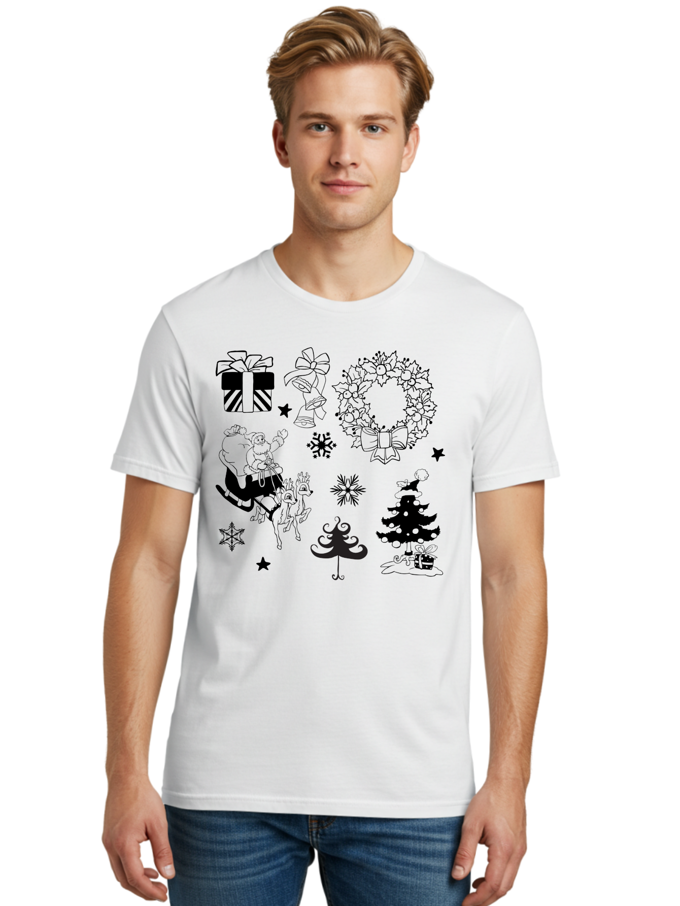 Christmas-Elements Men'S Graphic Tee, 100% Cotton, Comfortable Casual Summer Wear, Machine Washable, Santa Claus, Reindeer, Christmas Tree, Wreath, Gifts, Bows, Snowflakes, Stars, Festive Decorations, Holiday Graphics, Christmas Illustrations, Aac580