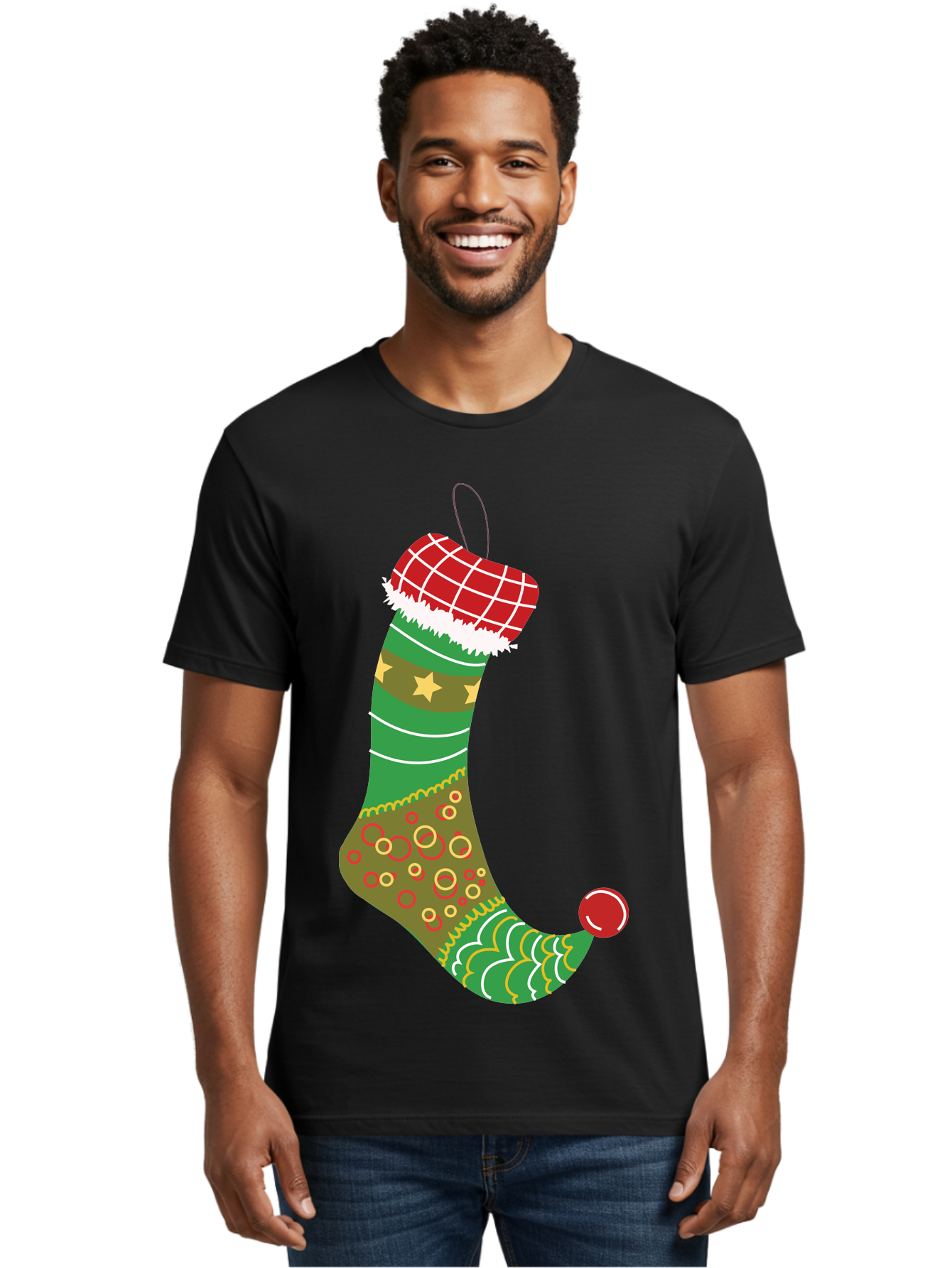 Christmas-Stocking-1 Men'S Graphic Tee, 100% Cotton, Comfortable Casual Summer Wear, Machine Washable, Christmas Stocking, Holiday Decoration, Festive Colors, Red And Green Stripes, Gold Stars, Hanging Ornament, Holly Jolly, Santa Claus, Aac585