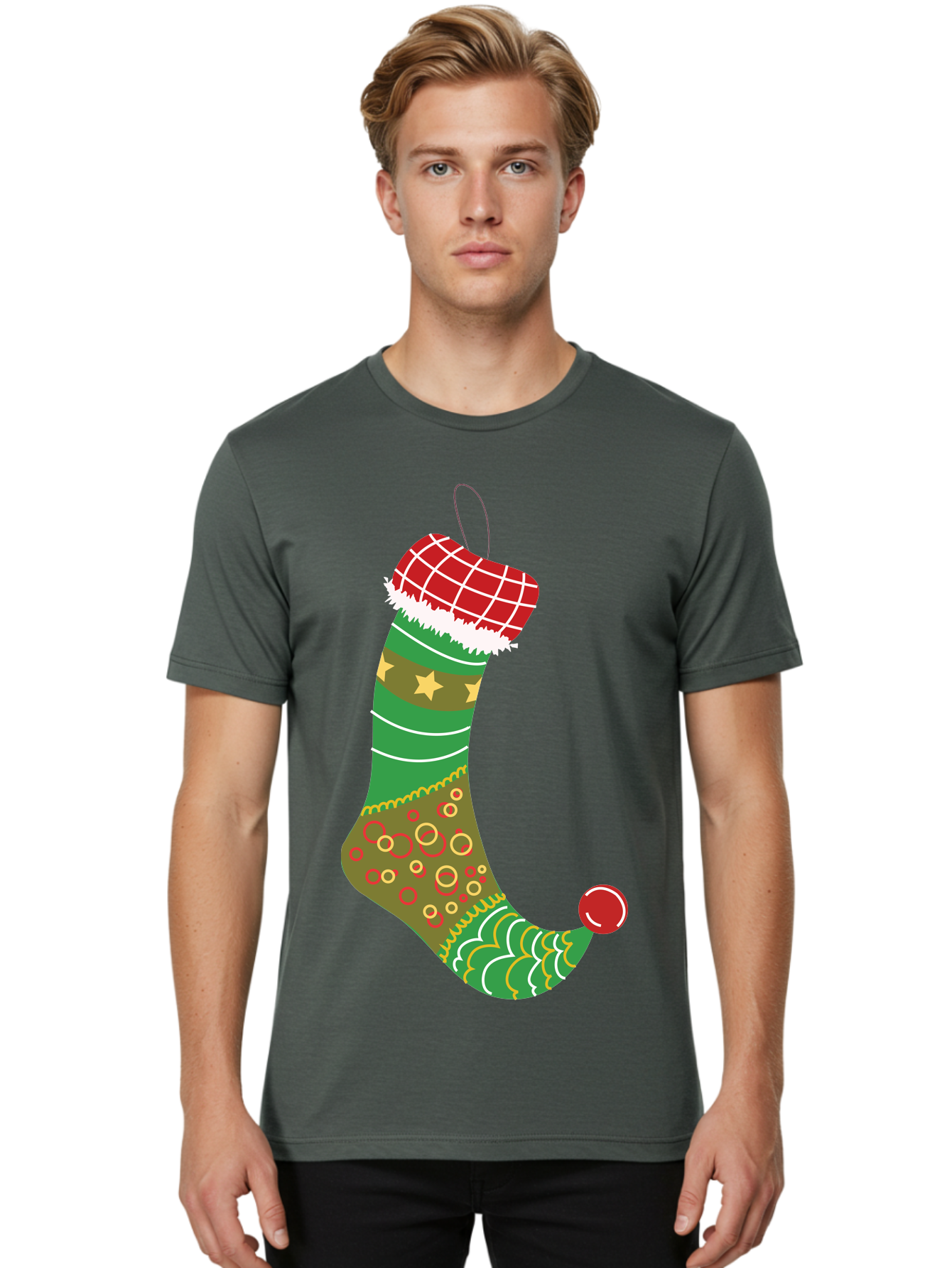 Christmas-Stocking-1 Men'S Graphic Tee, 100% Cotton, Comfortable Casual Summer Wear, Machine Washable, Christmas Stocking, Holiday Decoration, Festive Colors, Red And Green Stripes, Gold Stars, Hanging Ornament, Holly Jolly, Santa Claus, Aac585