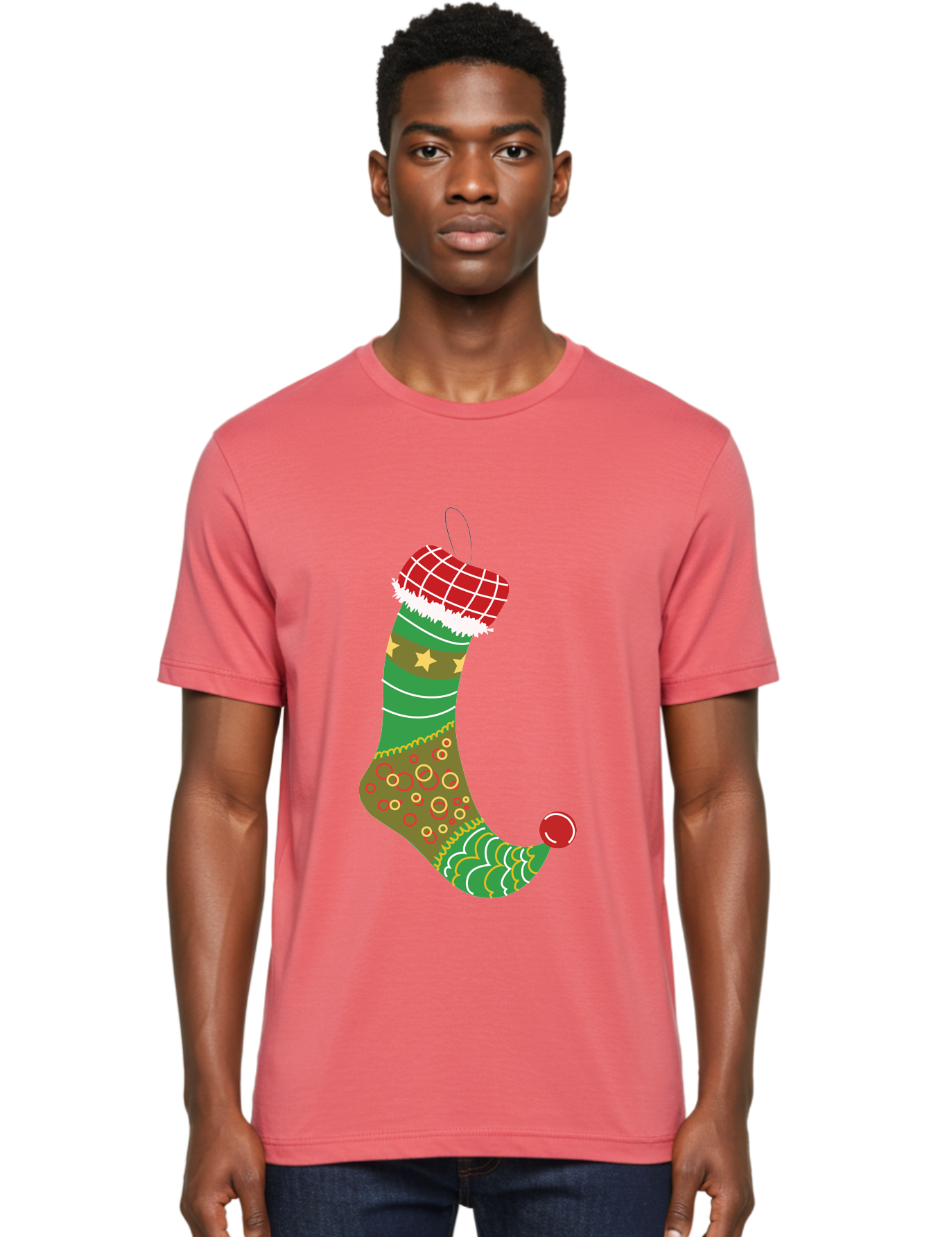 Christmas-Stocking-1 Men'S Graphic Tee, 100% Cotton, Comfortable Casual Summer Wear, Machine Washable, Christmas Stocking, Holiday Decoration, Festive Colors, Red And Green Stripes, Gold Stars, Hanging Ornament, Holly Jolly, Santa Claus, Aac585