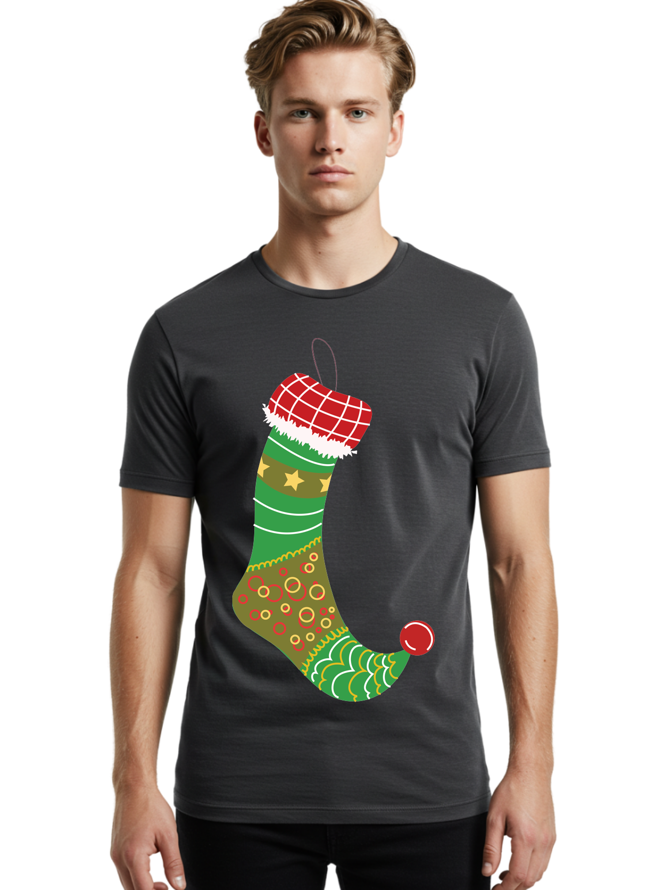 Christmas-Stocking-1 Men'S Graphic Tee, 100% Cotton, Comfortable Casual Summer Wear, Machine Washable, Christmas Stocking, Holiday Decoration, Festive Colors, Red And Green Stripes, Gold Stars, Hanging Ornament, Holly Jolly, Santa Claus, Aac585