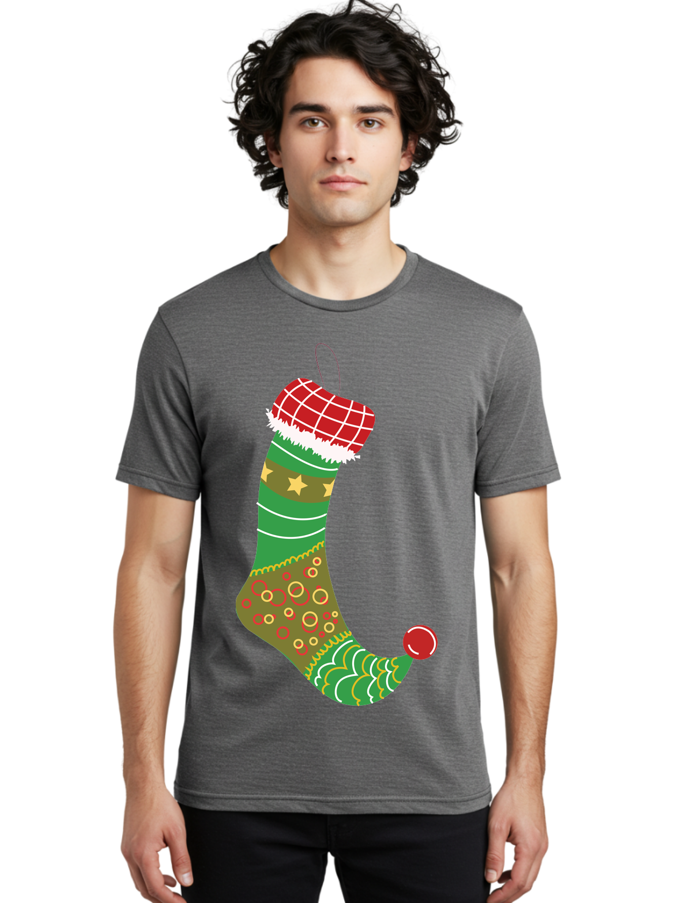 Christmas-Stocking-1 Men'S Graphic Tee, 100% Cotton, Comfortable Casual Summer Wear, Machine Washable, Christmas Stocking, Holiday Decoration, Festive Colors, Red And Green Stripes, Gold Stars, Hanging Ornament, Holly Jolly, Santa Claus, Aac585