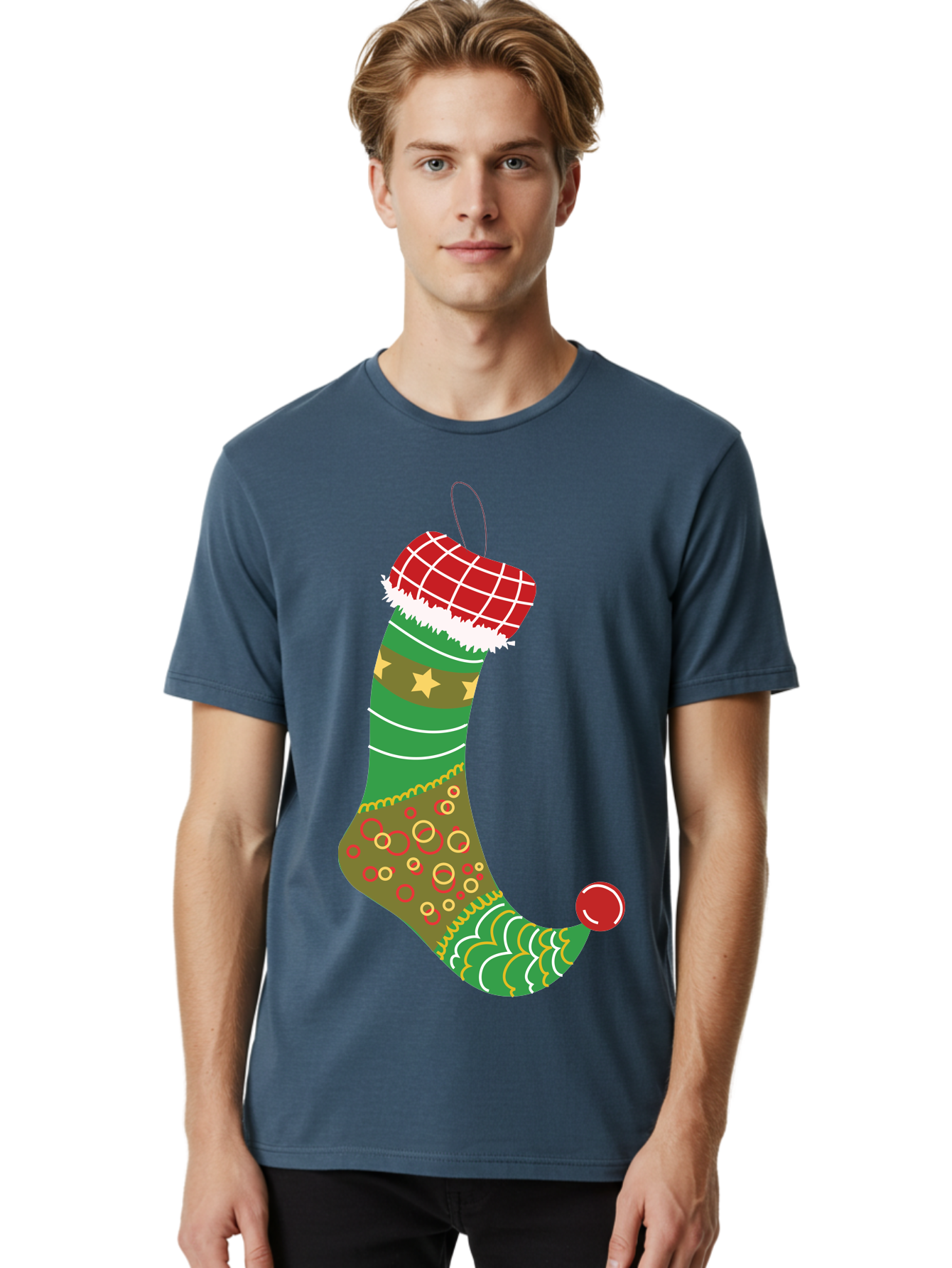 Christmas-Stocking-1 Men'S Graphic Tee, 100% Cotton, Comfortable Casual Summer Wear, Machine Washable, Christmas Stocking, Holiday Decoration, Festive Colors, Red And Green Stripes, Gold Stars, Hanging Ornament, Holly Jolly, Santa Claus, Aac585