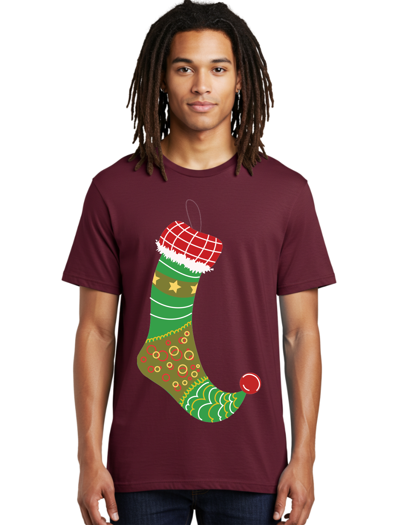Christmas-Stocking-1 Men'S Graphic Tee, 100% Cotton, Comfortable Casual Summer Wear, Machine Washable, Christmas Stocking, Holiday Decoration, Festive Colors, Red And Green Stripes, Gold Stars, Hanging Ornament, Holly Jolly, Santa Claus, Aac585