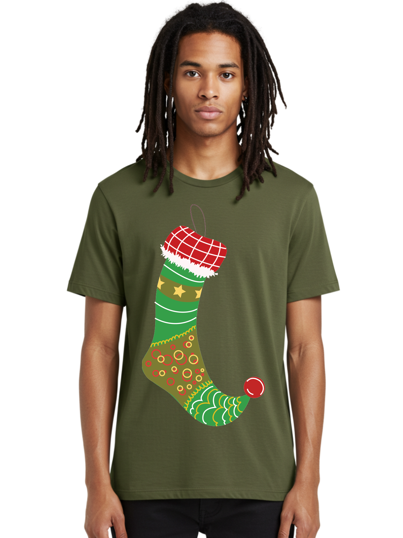 Christmas-Stocking-1 Men'S Graphic Tee, 100% Cotton, Comfortable Casual Summer Wear, Machine Washable, Christmas Stocking, Holiday Decoration, Festive Colors, Red And Green Stripes, Gold Stars, Hanging Ornament, Holly Jolly, Santa Claus, Aac585