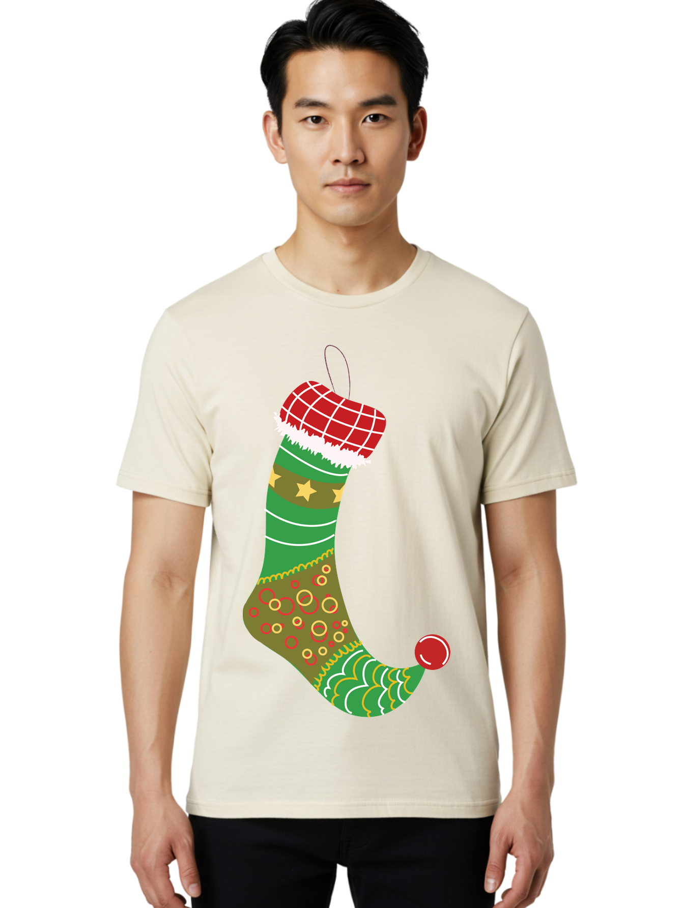 Christmas-Stocking-1 Men'S Graphic Tee, 100% Cotton, Comfortable Casual Summer Wear, Machine Washable, Christmas Stocking, Holiday Decoration, Festive Colors, Red And Green Stripes, Gold Stars, Hanging Ornament, Holly Jolly, Santa Claus, Aac585