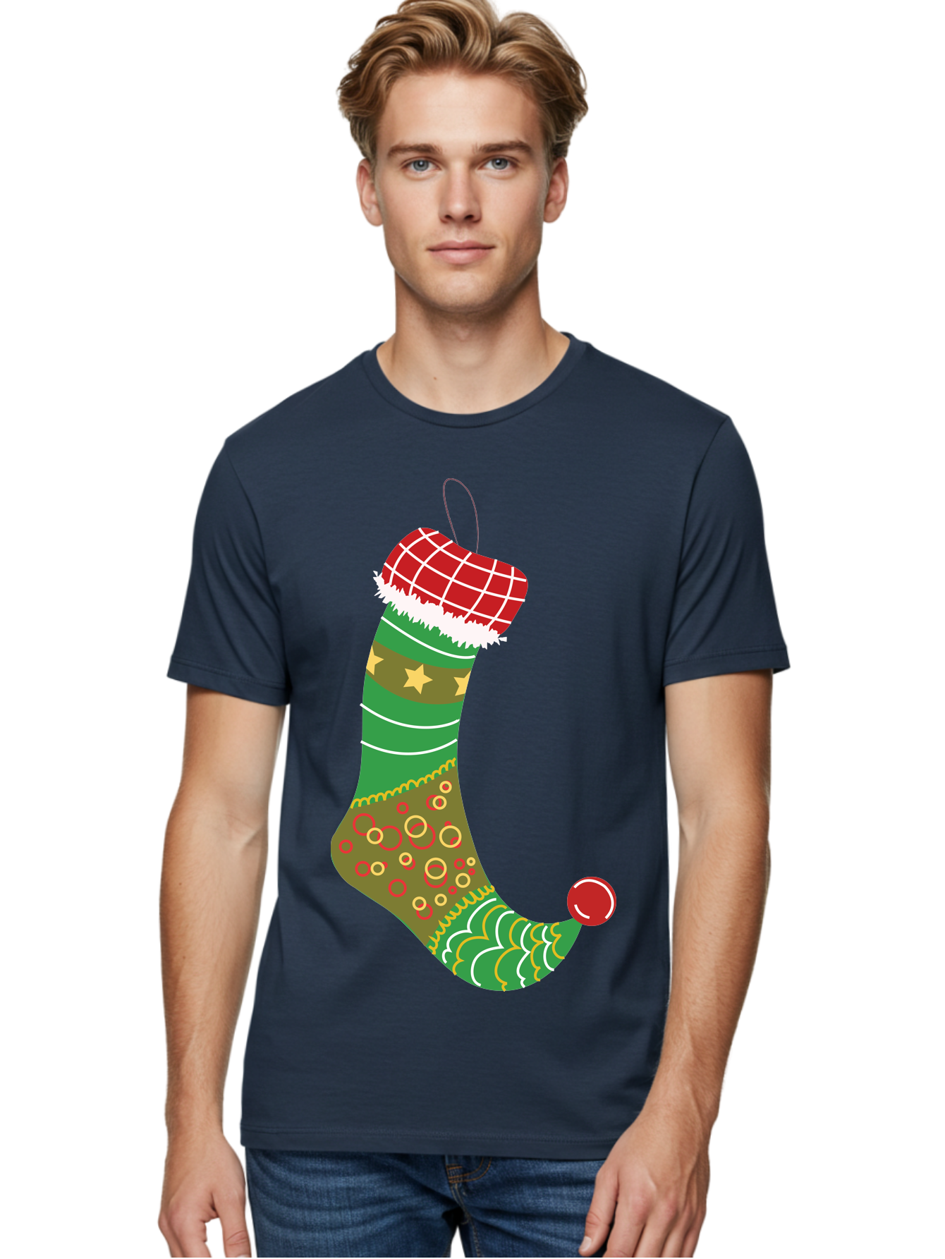 Christmas-Stocking-1 Men'S Graphic Tee, 100% Cotton, Comfortable Casual Summer Wear, Machine Washable, Christmas Stocking, Holiday Decoration, Festive Colors, Red And Green Stripes, Gold Stars, Hanging Ornament, Holly Jolly, Santa Claus, Aac585