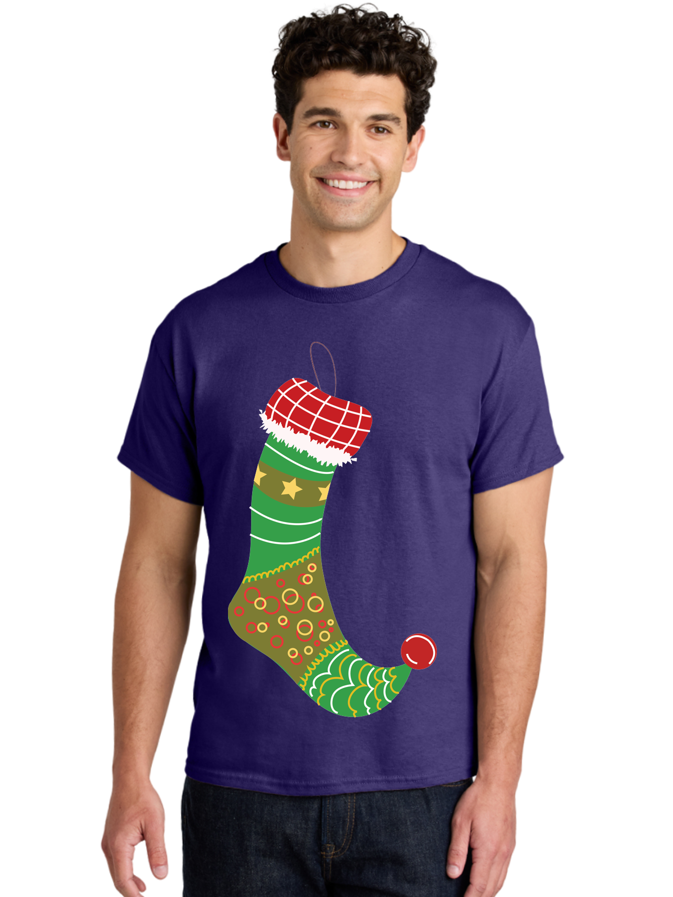 Christmas-Stocking-1 Men'S Graphic Tee, 100% Cotton, Comfortable Casual Summer Wear, Machine Washable, Christmas Stocking, Holiday Decoration, Festive Colors, Red And Green Stripes, Gold Stars, Hanging Ornament, Holly Jolly, Santa Claus, Aac585