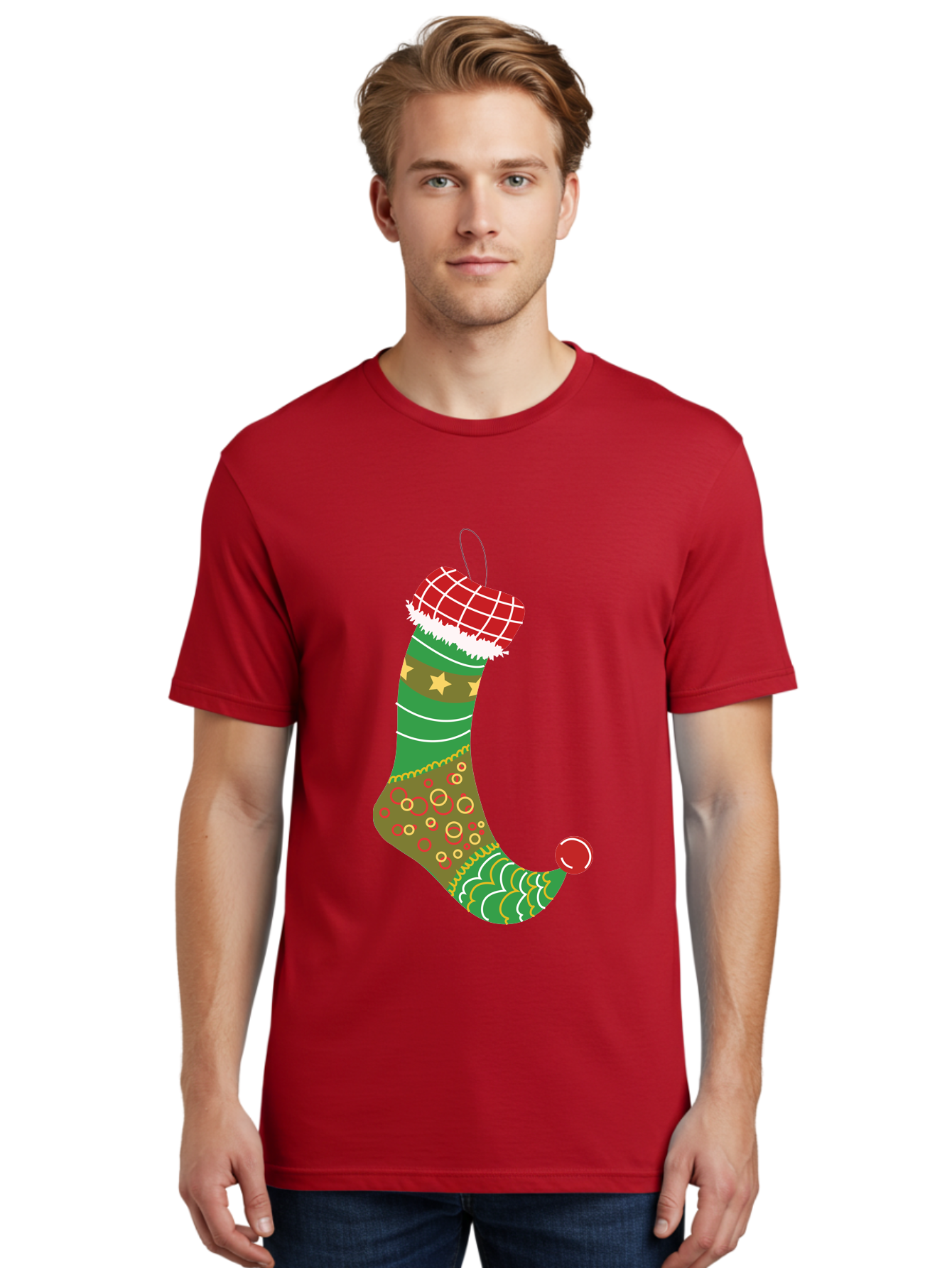 Christmas-Stocking-1 Men'S Graphic Tee, 100% Cotton, Comfortable Casual Summer Wear, Machine Washable, Christmas Stocking, Holiday Decoration, Festive Colors, Red And Green Stripes, Gold Stars, Hanging Ornament, Holly Jolly, Santa Claus, Aac585