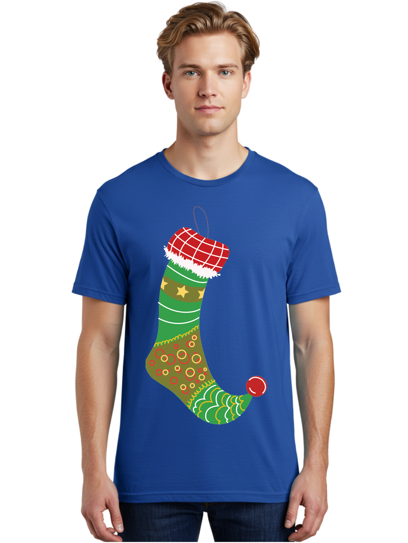 Christmas-Stocking-1 Men'S Graphic Tee, 100% Cotton, Comfortable Casual Summer Wear, Machine Washable, Christmas Stocking, Holiday Decoration, Festive Colors, Red And Green Stripes, Gold Stars, Hanging Ornament, Holly Jolly, Santa Claus, Aac585