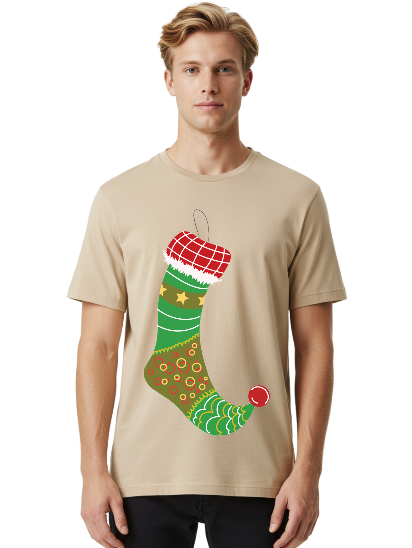 Christmas-Stocking-1 Men'S Graphic Tee, 100% Cotton, Comfortable Casual Summer Wear, Machine Washable, Christmas Stocking, Holiday Decoration, Festive Colors, Red And Green Stripes, Gold Stars, Hanging Ornament, Holly Jolly, Santa Claus, Aac585
