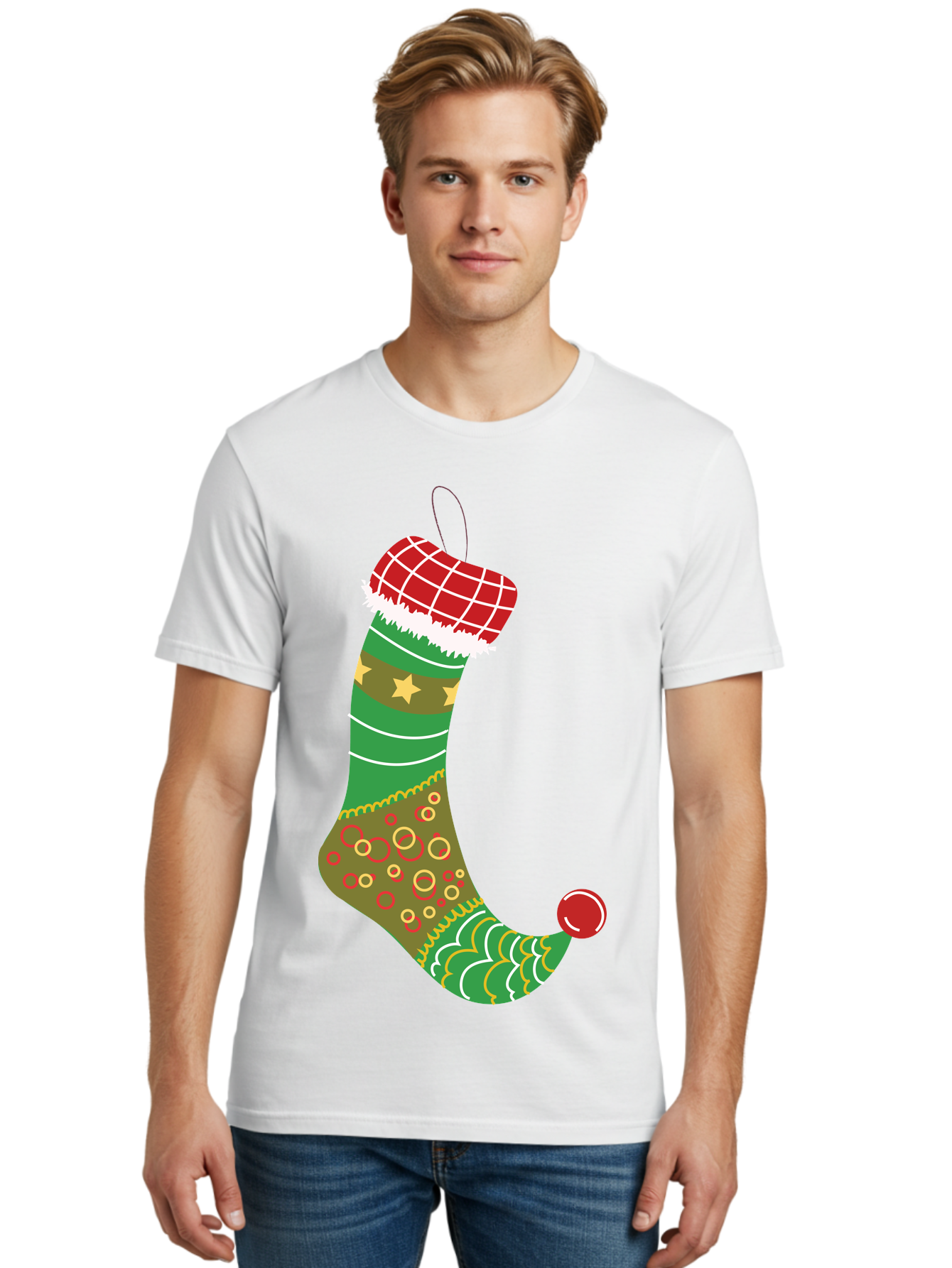 Christmas-Stocking-1 Men'S Graphic Tee, 100% Cotton, Comfortable Casual Summer Wear, Machine Washable, Christmas Stocking, Holiday Decoration, Festive Colors, Red And Green Stripes, Gold Stars, Hanging Ornament, Holly Jolly, Santa Claus, Aac585