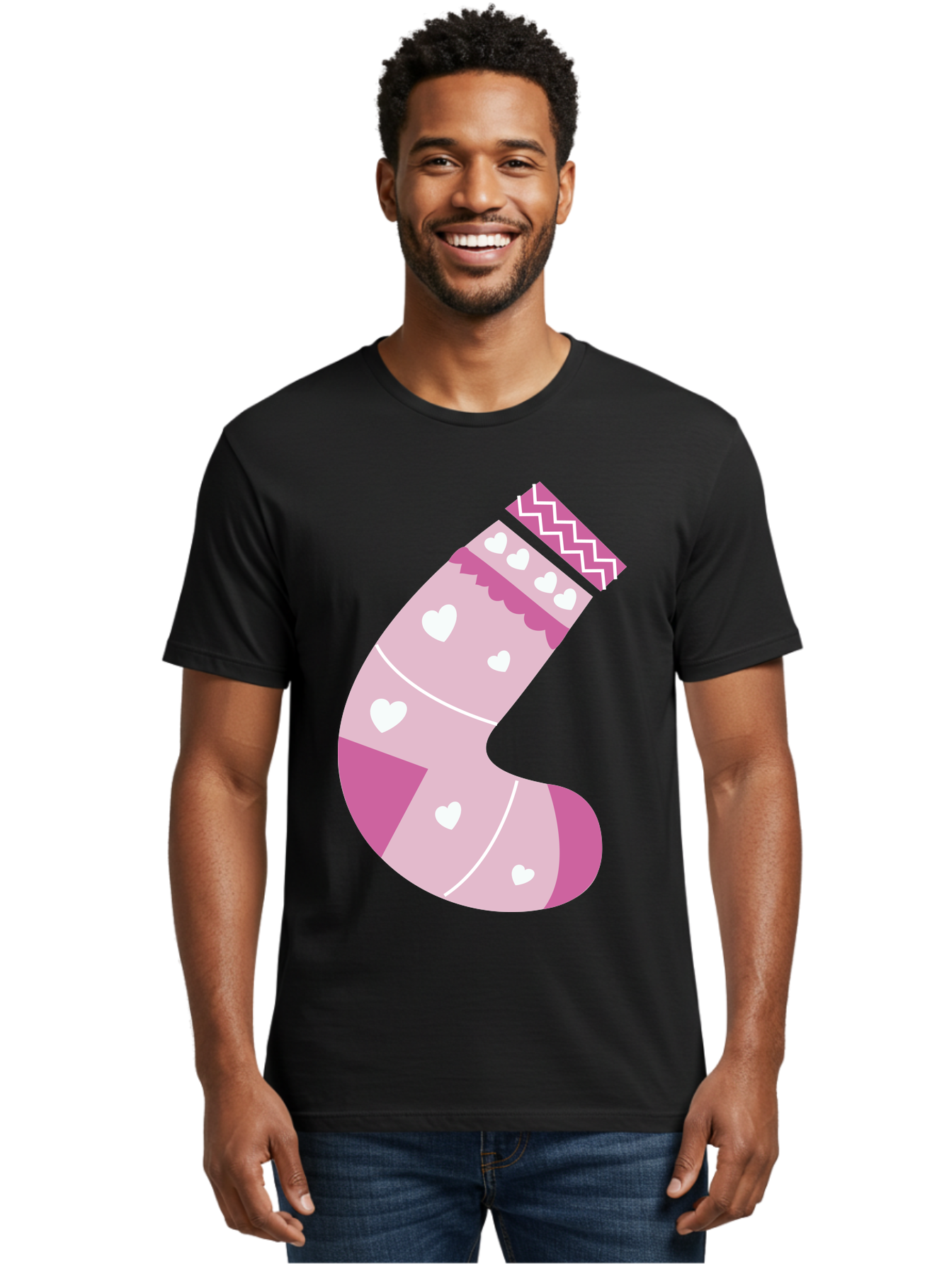 Christmas-Stocking-2 Men'S Graphic Tee, 100% Cotton, Comfortable Casual Summer Wear, Machine Washable, Christmas Stocking, Pink And White Colors, Heart Patterns, Festive Design, Holiday Decor, Christmas Theme, Seasonal Illustration Aac586