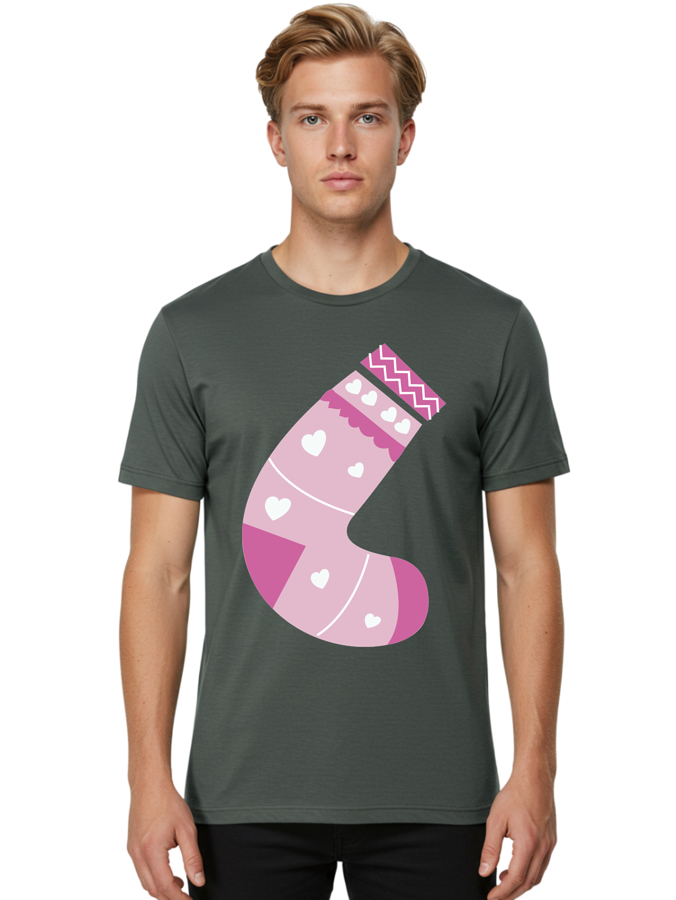 Christmas-Stocking-2 Men'S Graphic Tee, 100% Cotton, Comfortable Casual Summer Wear, Machine Washable, Christmas Stocking, Pink And White Colors, Heart Patterns, Festive Design, Holiday Decor, Christmas Theme, Seasonal Illustration Aac586