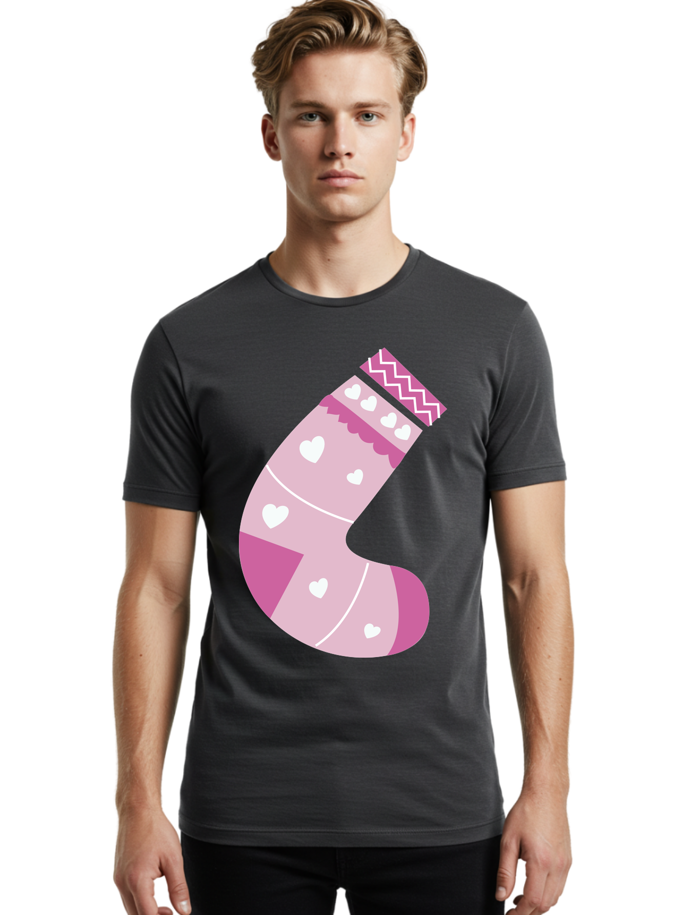 Christmas-Stocking-2 Men'S Graphic Tee, 100% Cotton, Comfortable Casual Summer Wear, Machine Washable, Christmas Stocking, Pink And White Colors, Heart Patterns, Festive Design, Holiday Decor, Christmas Theme, Seasonal Illustration Aac586