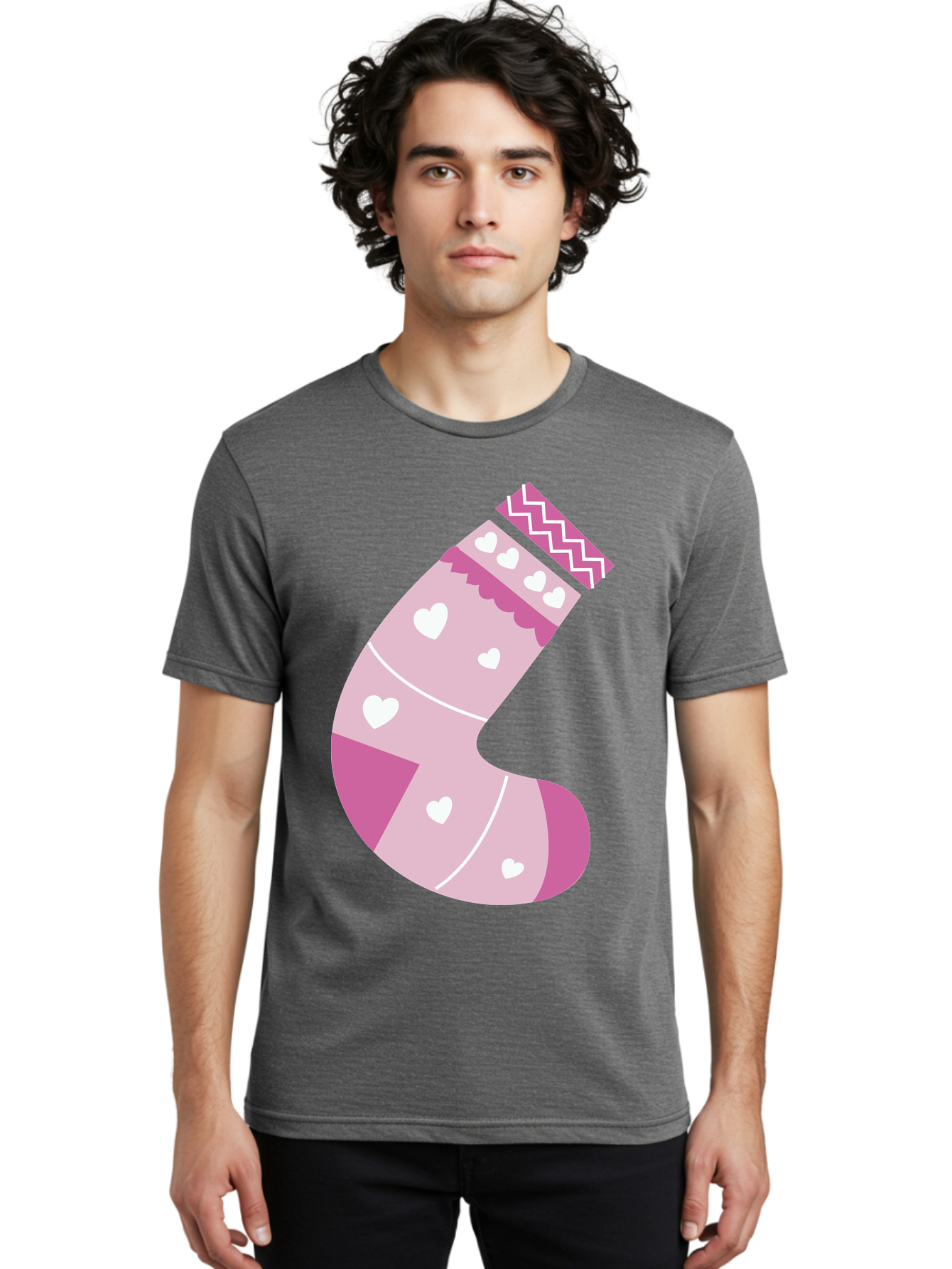 Christmas-Stocking-2 Men'S Graphic Tee, 100% Cotton, Comfortable Casual Summer Wear, Machine Washable, Christmas Stocking, Pink And White Colors, Heart Patterns, Festive Design, Holiday Decor, Christmas Theme, Seasonal Illustration Aac586