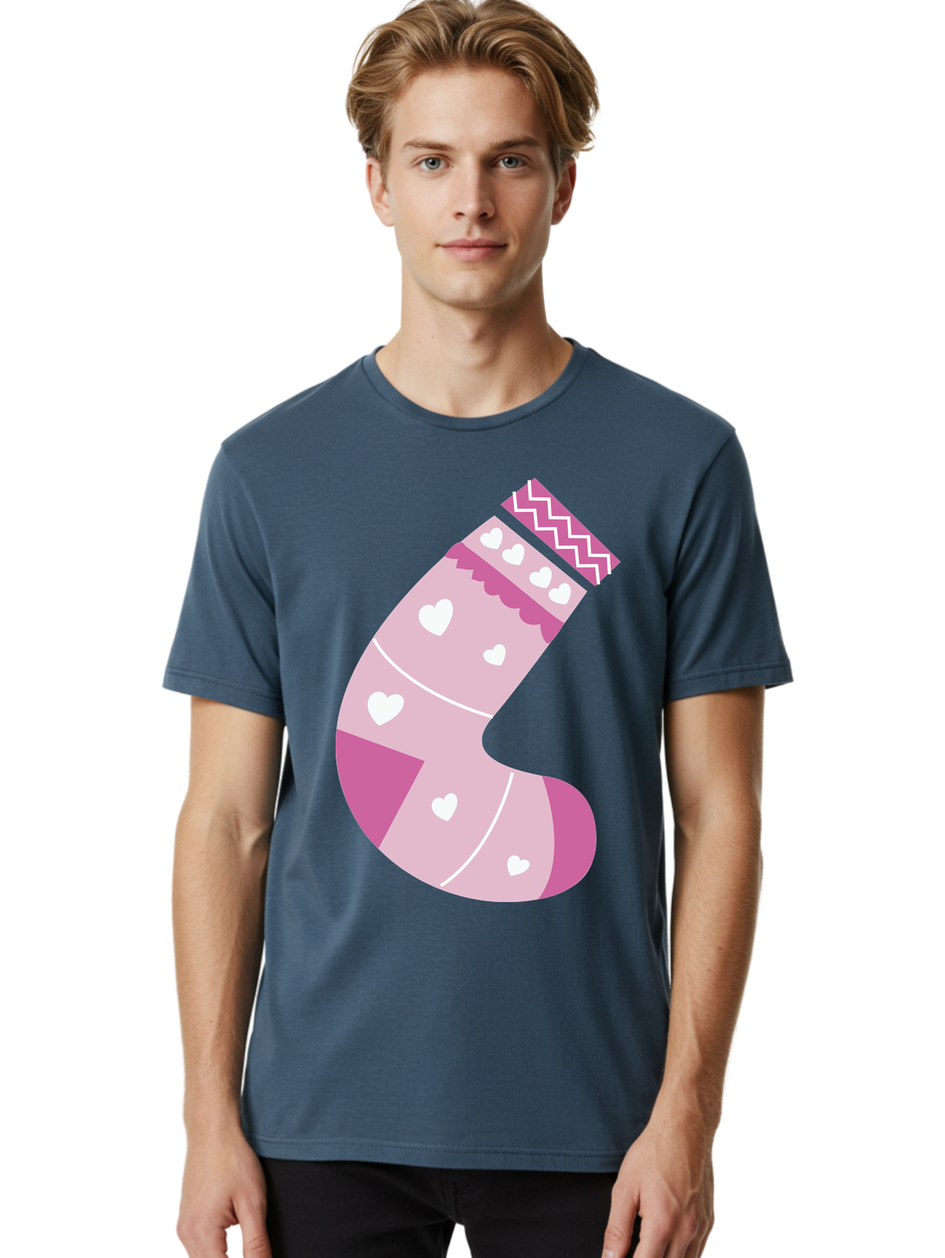 Christmas-Stocking-2 Men'S Graphic Tee, 100% Cotton, Comfortable Casual Summer Wear, Machine Washable, Christmas Stocking, Pink And White Colors, Heart Patterns, Festive Design, Holiday Decor, Christmas Theme, Seasonal Illustration Aac586