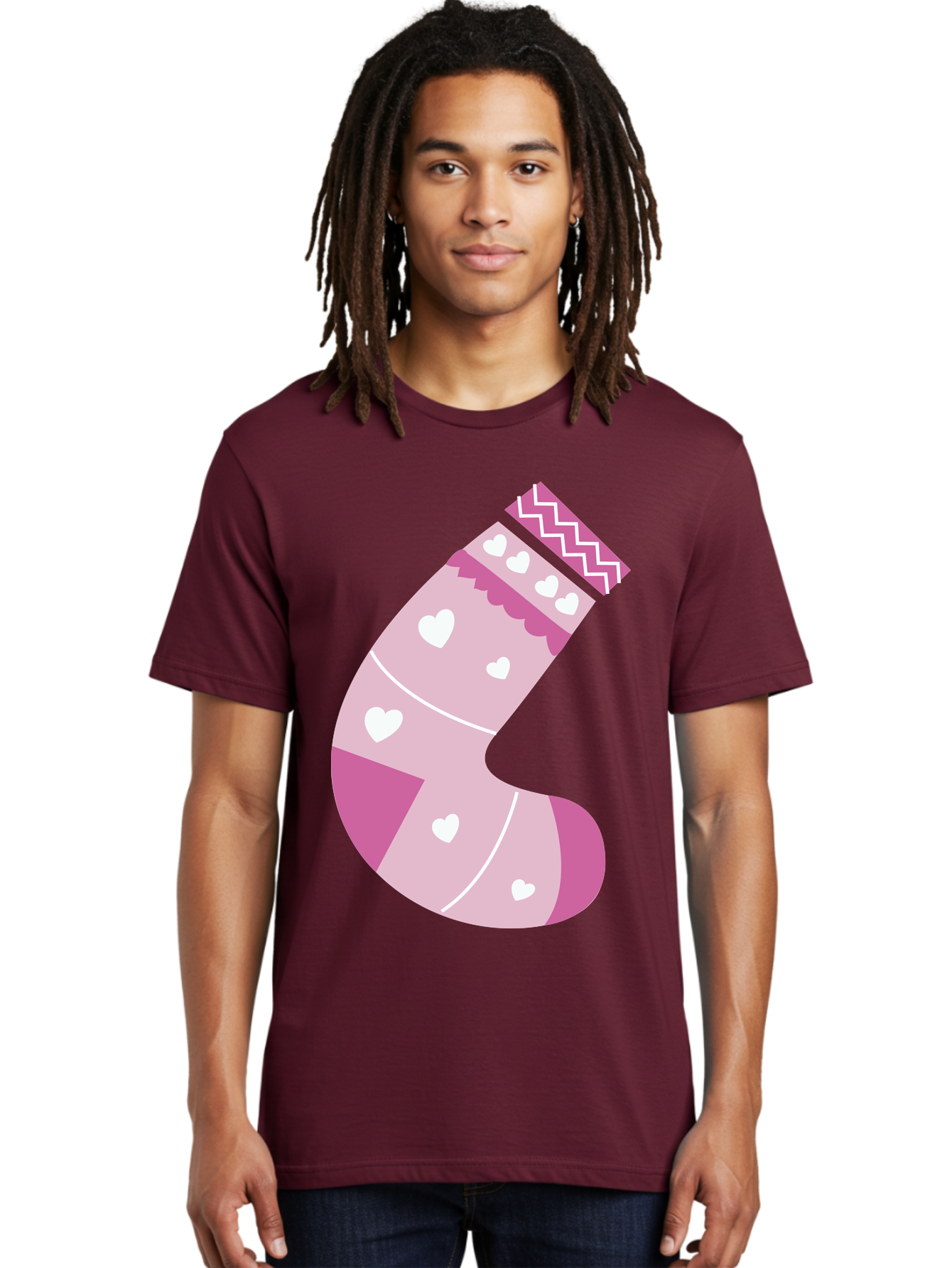 Christmas-Stocking-2 Men'S Graphic Tee, 100% Cotton, Comfortable Casual Summer Wear, Machine Washable, Christmas Stocking, Pink And White Colors, Heart Patterns, Festive Design, Holiday Decor, Christmas Theme, Seasonal Illustration Aac586