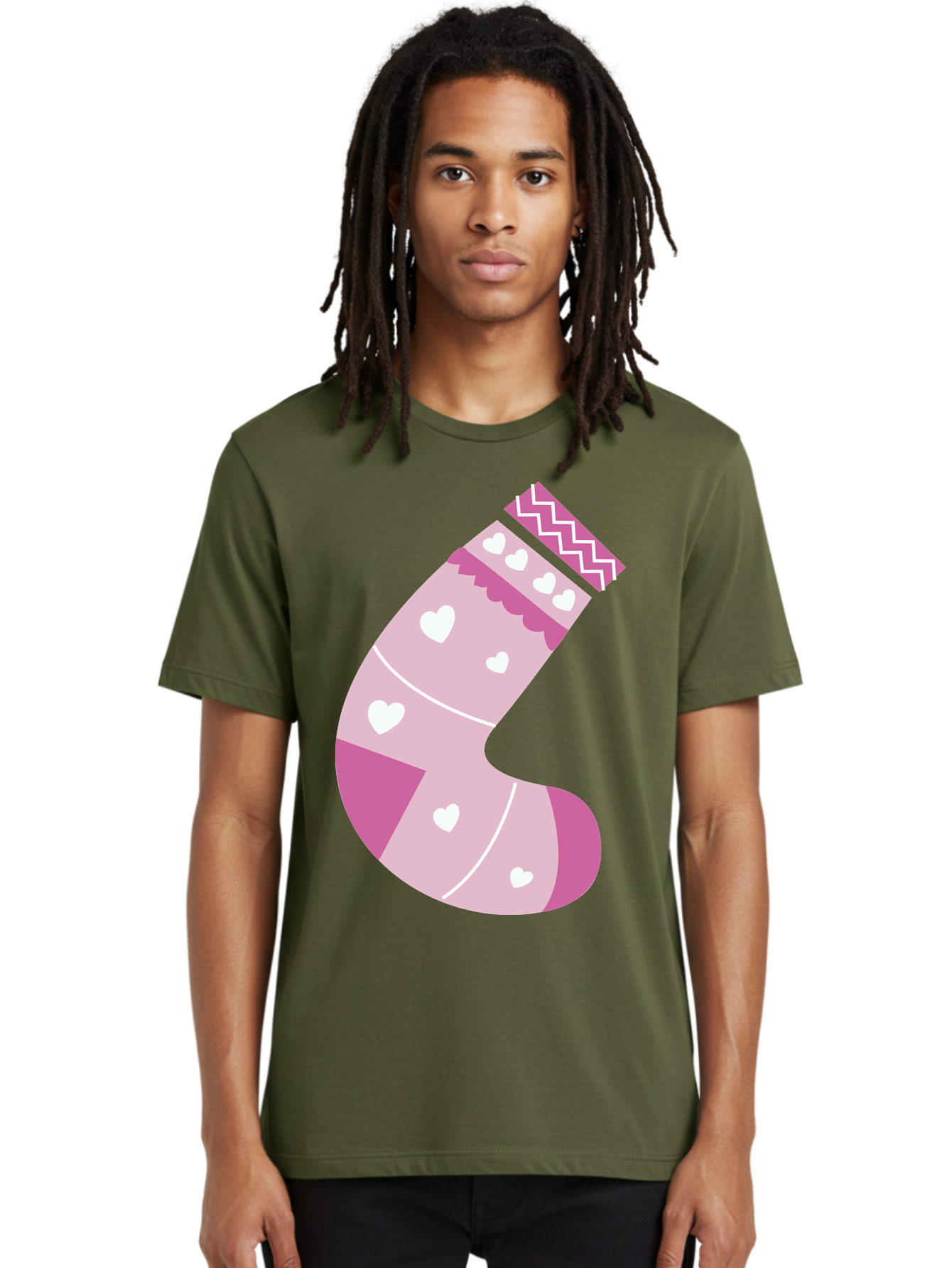 Christmas-Stocking-2 Men'S Graphic Tee, 100% Cotton, Comfortable Casual Summer Wear, Machine Washable, Christmas Stocking, Pink And White Colors, Heart Patterns, Festive Design, Holiday Decor, Christmas Theme, Seasonal Illustration Aac586