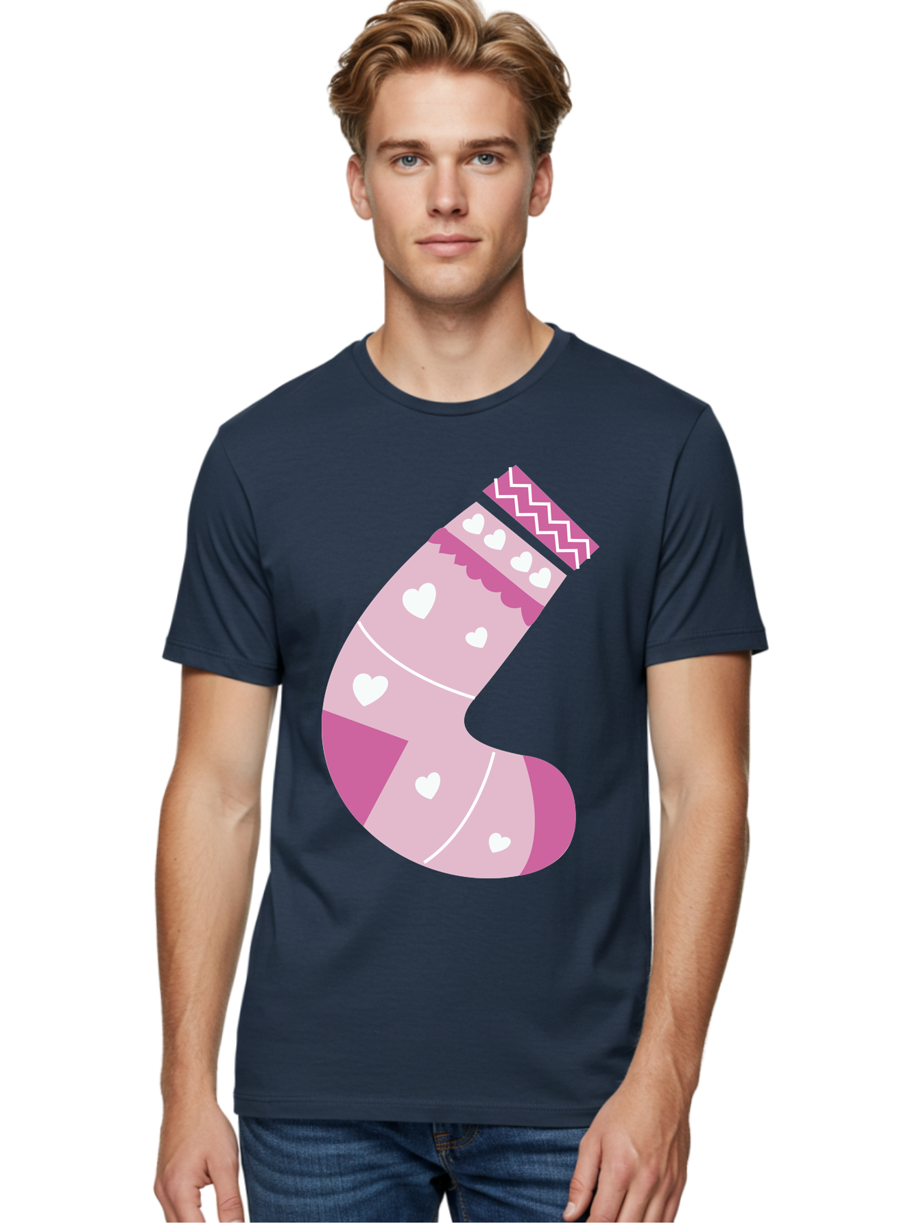 Christmas-Stocking-2 Men'S Graphic Tee, 100% Cotton, Comfortable Casual Summer Wear, Machine Washable, Christmas Stocking, Pink And White Colors, Heart Patterns, Festive Design, Holiday Decor, Christmas Theme, Seasonal Illustration Aac586