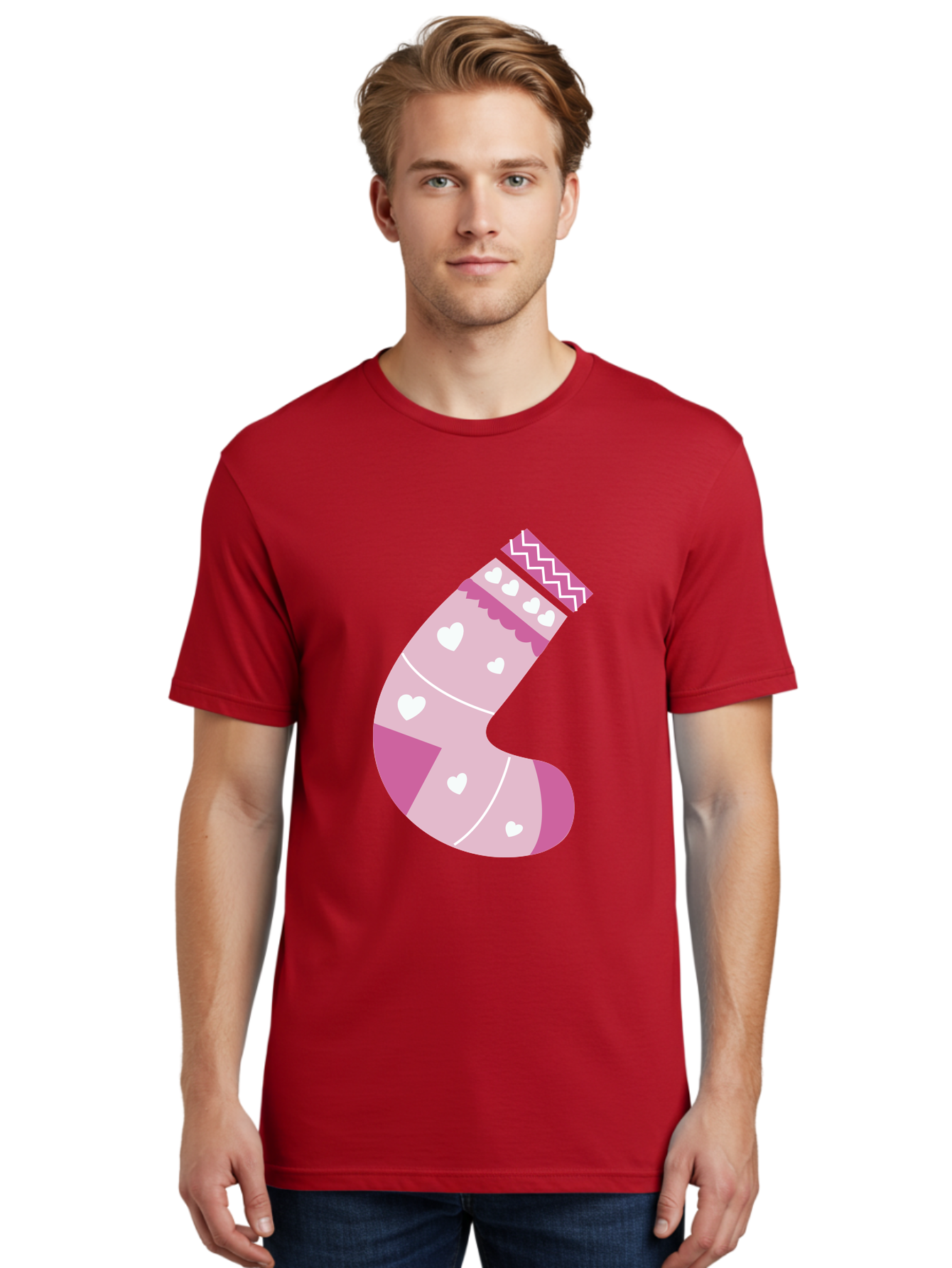 Christmas-Stocking-2 Men'S Graphic Tee, 100% Cotton, Comfortable Casual Summer Wear, Machine Washable, Christmas Stocking, Pink And White Colors, Heart Patterns, Festive Design, Holiday Decor, Christmas Theme, Seasonal Illustration Aac586