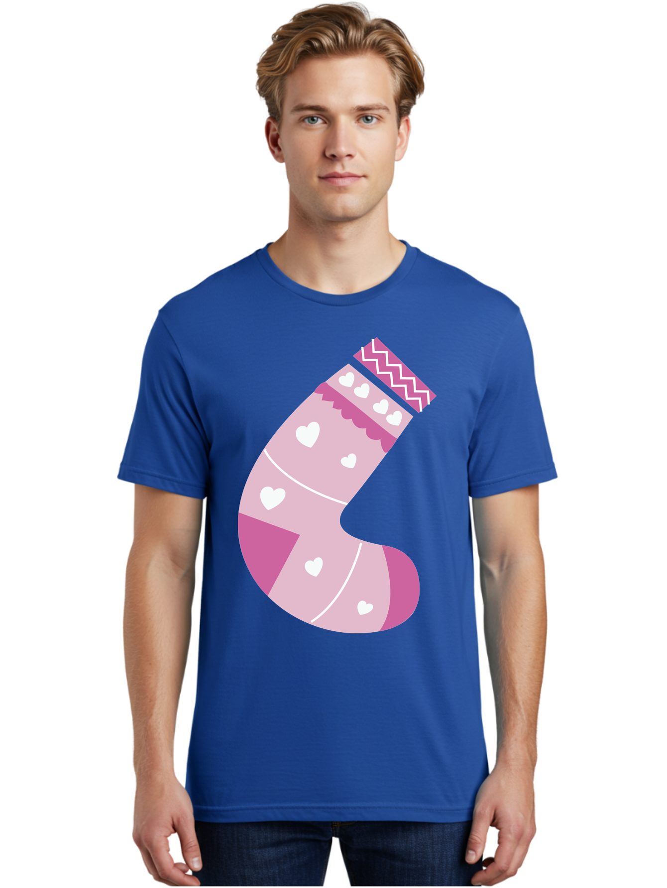 Christmas-Stocking-2 Men'S Graphic Tee, 100% Cotton, Comfortable Casual Summer Wear, Machine Washable, Christmas Stocking, Pink And White Colors, Heart Patterns, Festive Design, Holiday Decor, Christmas Theme, Seasonal Illustration Aac586