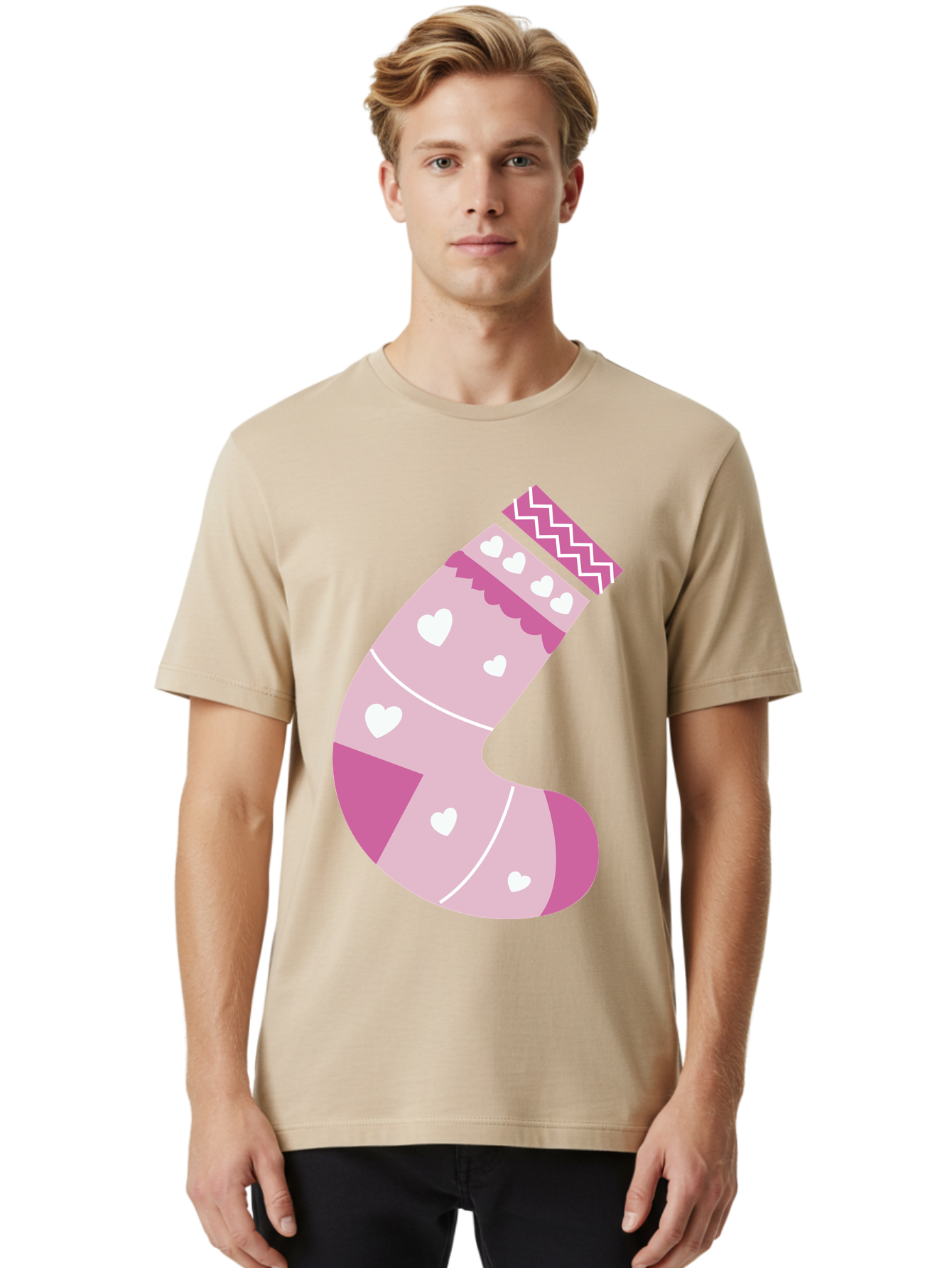 Christmas-Stocking-2 Men'S Graphic Tee, 100% Cotton, Comfortable Casual Summer Wear, Machine Washable, Christmas Stocking, Pink And White Colors, Heart Patterns, Festive Design, Holiday Decor, Christmas Theme, Seasonal Illustration Aac586