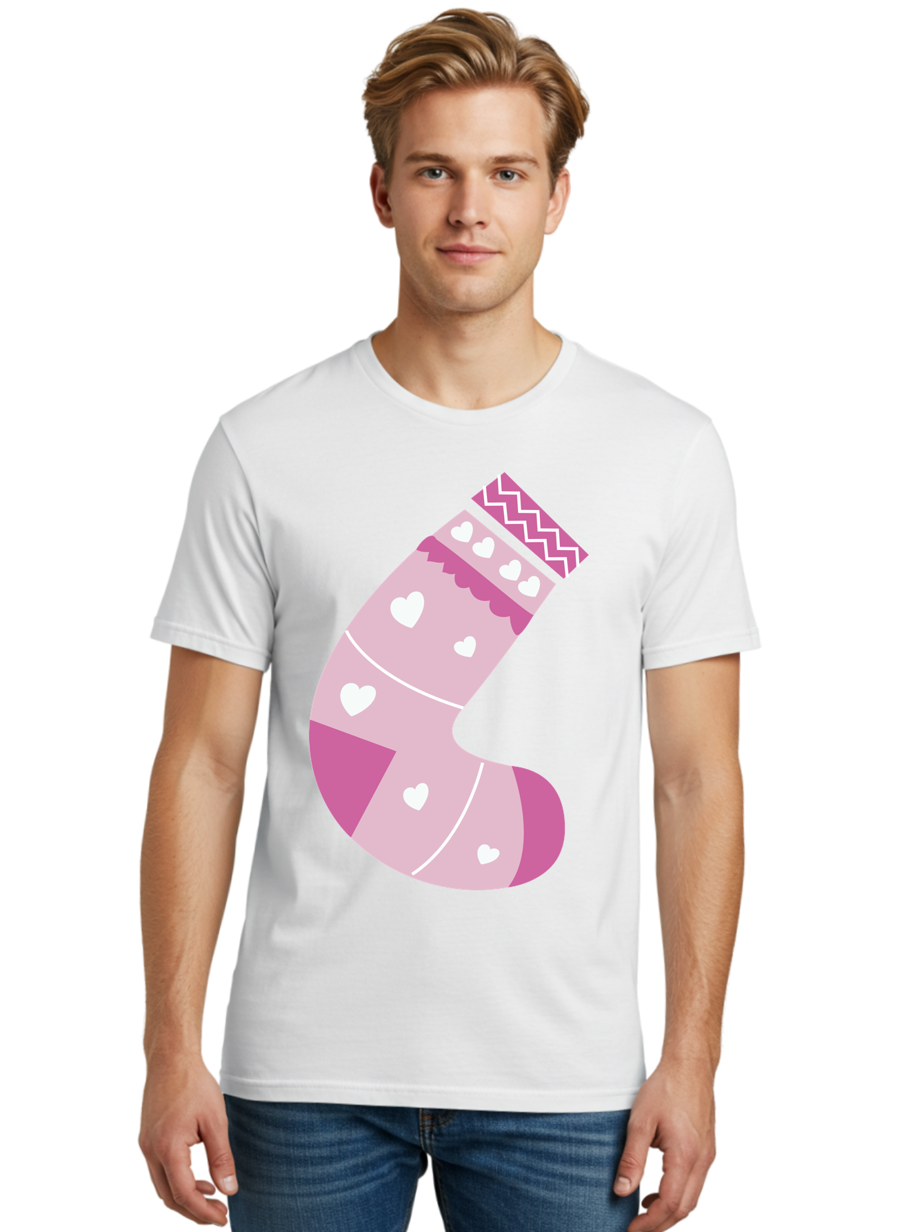 Christmas-Stocking-2 Men'S Graphic Tee, 100% Cotton, Comfortable Casual Summer Wear, Machine Washable, Christmas Stocking, Pink And White Colors, Heart Patterns, Festive Design, Holiday Decor, Christmas Theme, Seasonal Illustration Aac586