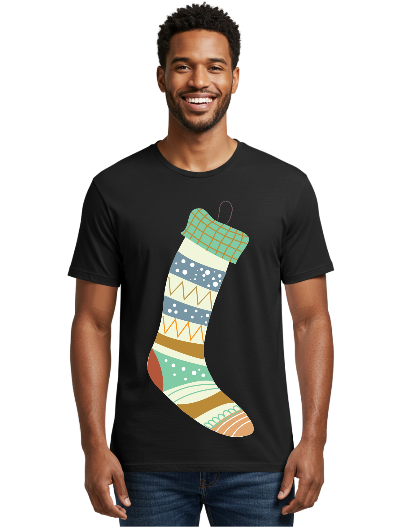 Christmas-Stocking Men'S Graphic Tee, 100% Cotton, Comfortable Casual Summer Wear, Machine Washable, Christmas Stocking, Holiday Decor, Festive Patterns, Stripes, Polka Dots, Chevron Design, Hanging Ornament, Seasonal Decoration, Aac587