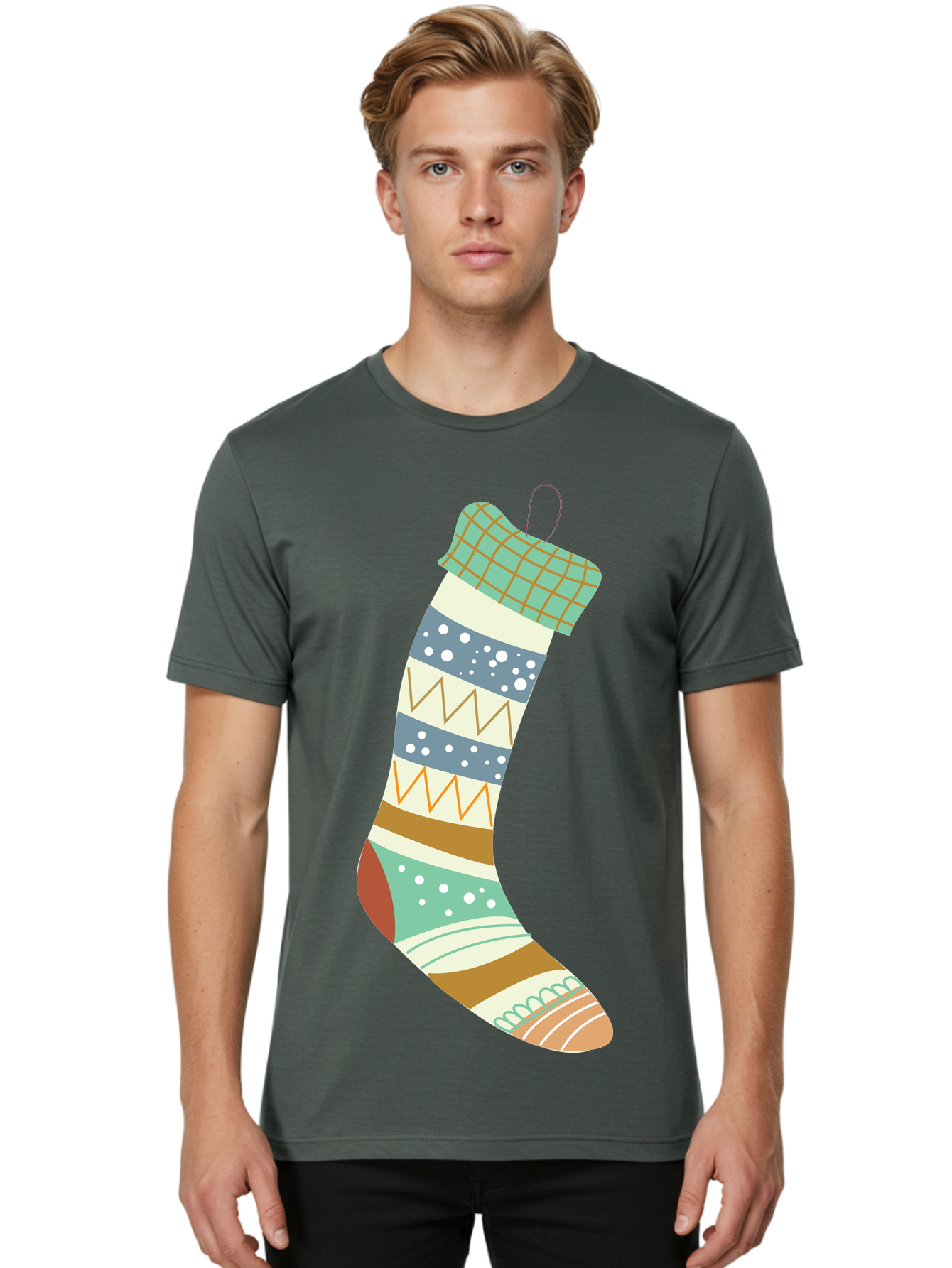 Christmas-Stocking Men'S Graphic Tee, 100% Cotton, Comfortable Casual Summer Wear, Machine Washable, Christmas Stocking, Holiday Decor, Festive Patterns, Stripes, Polka Dots, Chevron Design, Hanging Ornament, Seasonal Decoration, Aac587