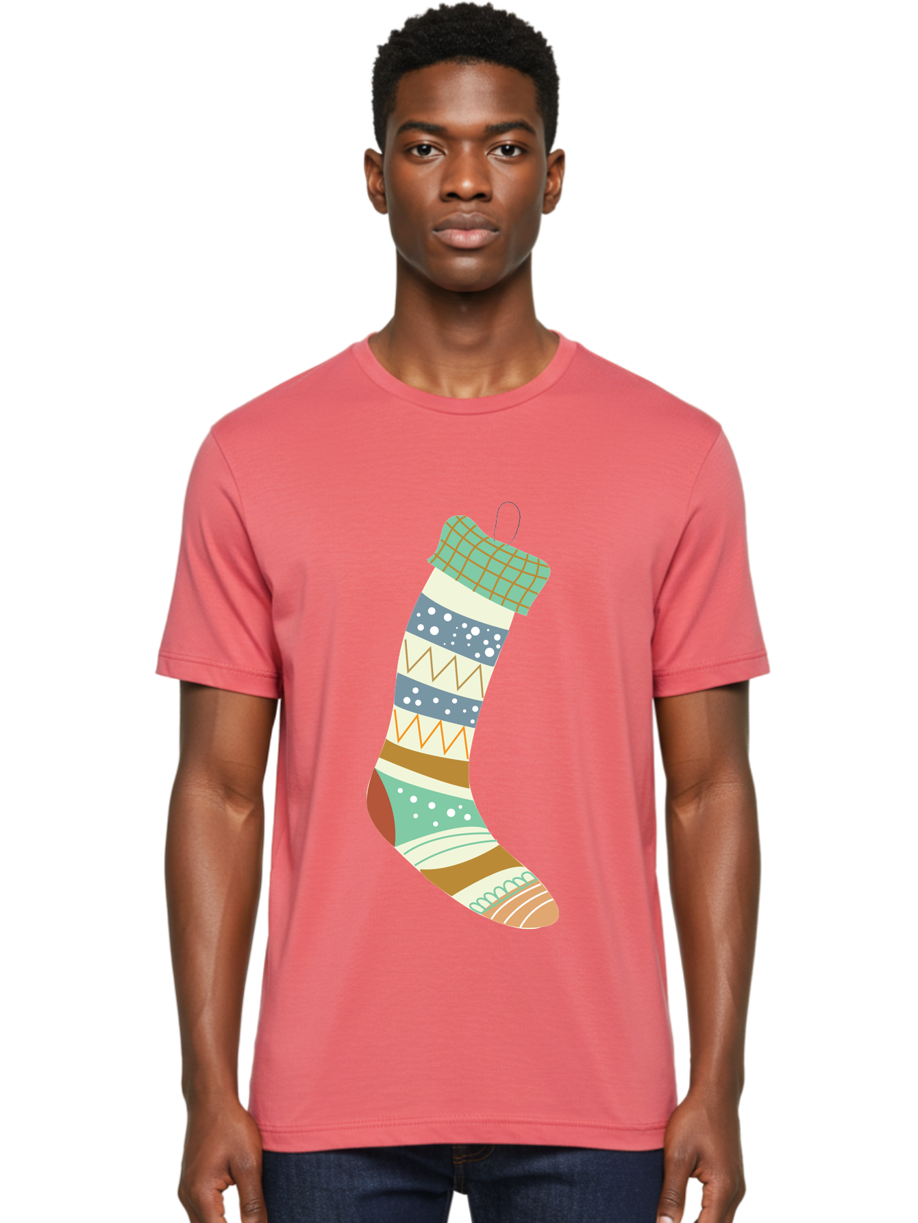 Christmas-Stocking Men'S Graphic Tee, 100% Cotton, Comfortable Casual Summer Wear, Machine Washable, Christmas Stocking, Holiday Decor, Festive Patterns, Stripes, Polka Dots, Chevron Design, Hanging Ornament, Seasonal Decoration, Aac587