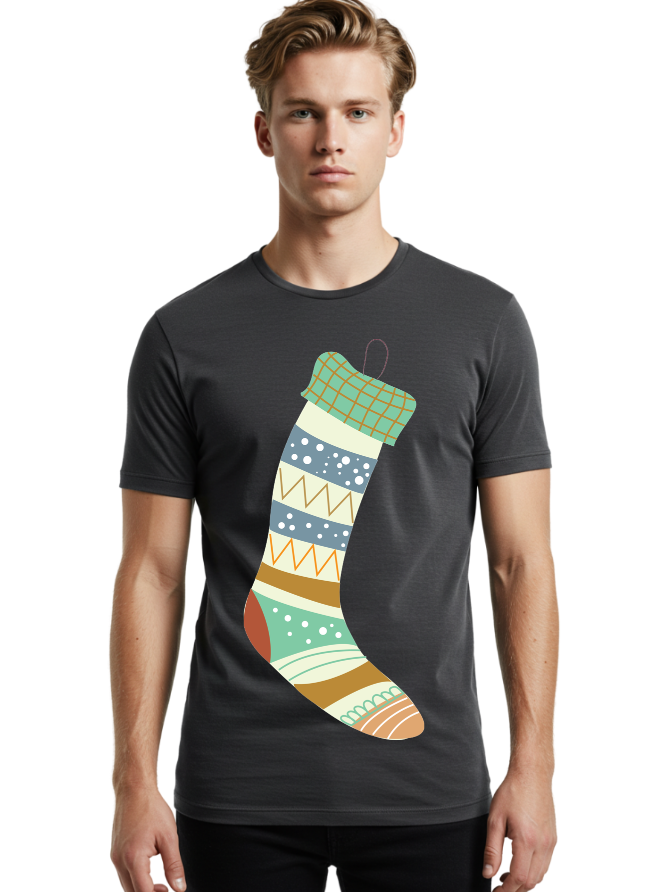 Christmas-Stocking Men'S Graphic Tee, 100% Cotton, Comfortable Casual Summer Wear, Machine Washable, Christmas Stocking, Holiday Decor, Festive Patterns, Stripes, Polka Dots, Chevron Design, Hanging Ornament, Seasonal Decoration, Aac587