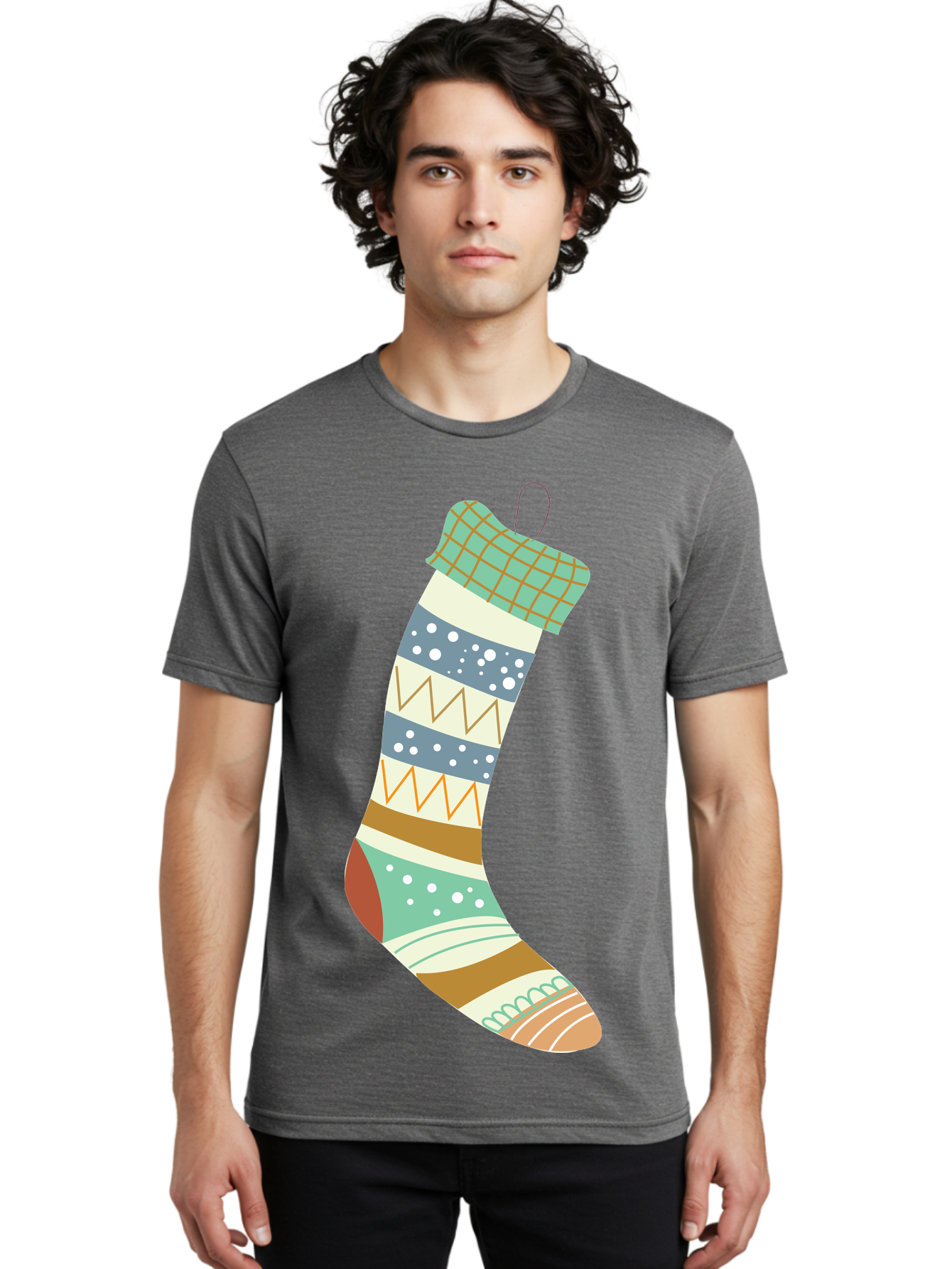 Christmas-Stocking Men'S Graphic Tee, 100% Cotton, Comfortable Casual Summer Wear, Machine Washable, Christmas Stocking, Holiday Decor, Festive Patterns, Stripes, Polka Dots, Chevron Design, Hanging Ornament, Seasonal Decoration, Aac587